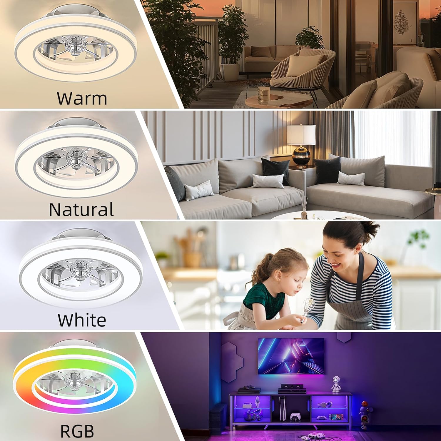 Ventilador de Techo con Luz 40.5 cm, Ventilador Silencioso de 20 W, Regulable 3000K-4000K-6500K, 6 Velocidades con Control Remoto, Temporizador, Memoria de Luz, Ventilador Reversible