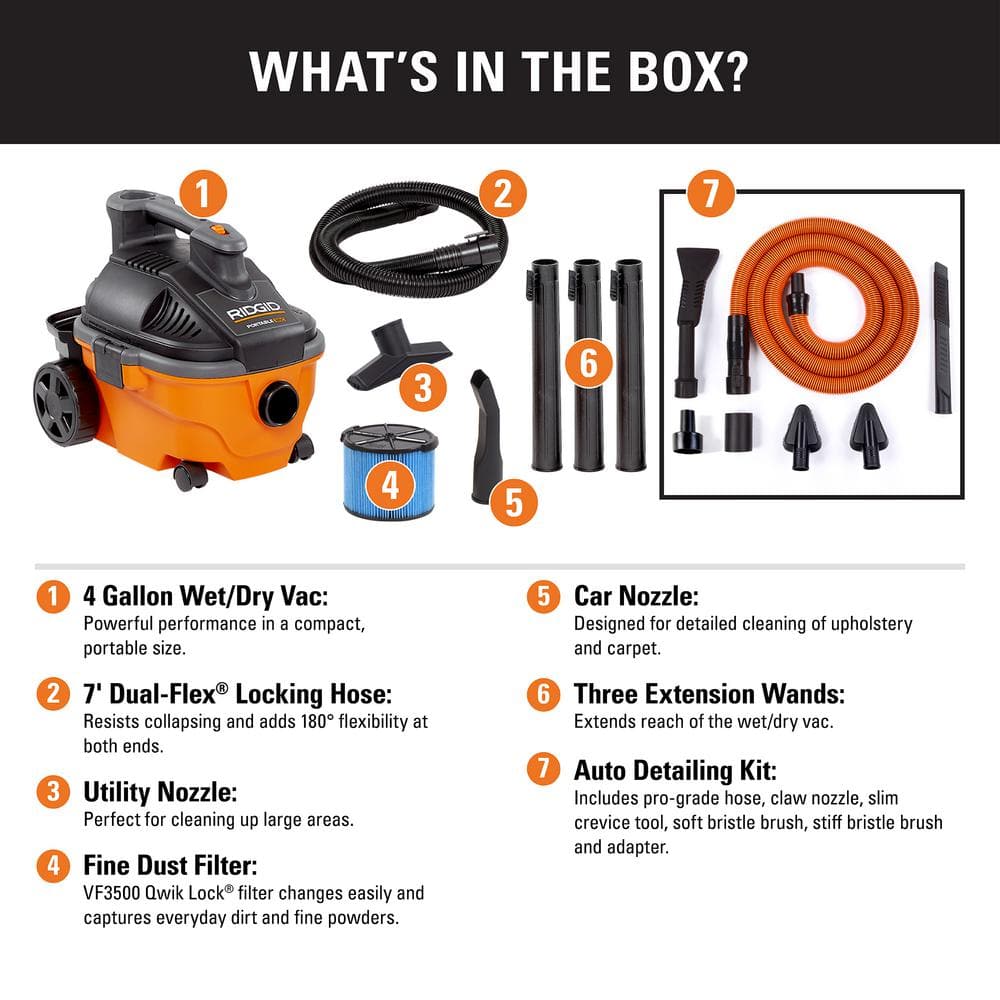 2025 Aspiradora Portátil Húmeda/Seca de 4 Galones 5.0 HP Pico con Filtro de Polvo Fino, Manguera, Accesorios y Kit Premium para Limpieza de Automóviles WD4070C