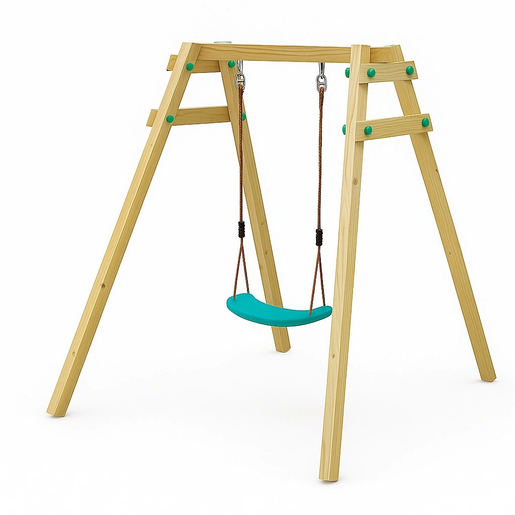 Columpio de jardín con estructura de madera natural, asiento azul, para exterior, con cuerdas ajustables 180x120x200cm