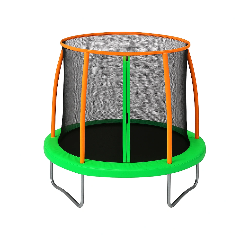 Trampolín redondo con red de seguridad y escalera, verde y naranja, para jardín 2,5 x 2,5 x 2,3 m