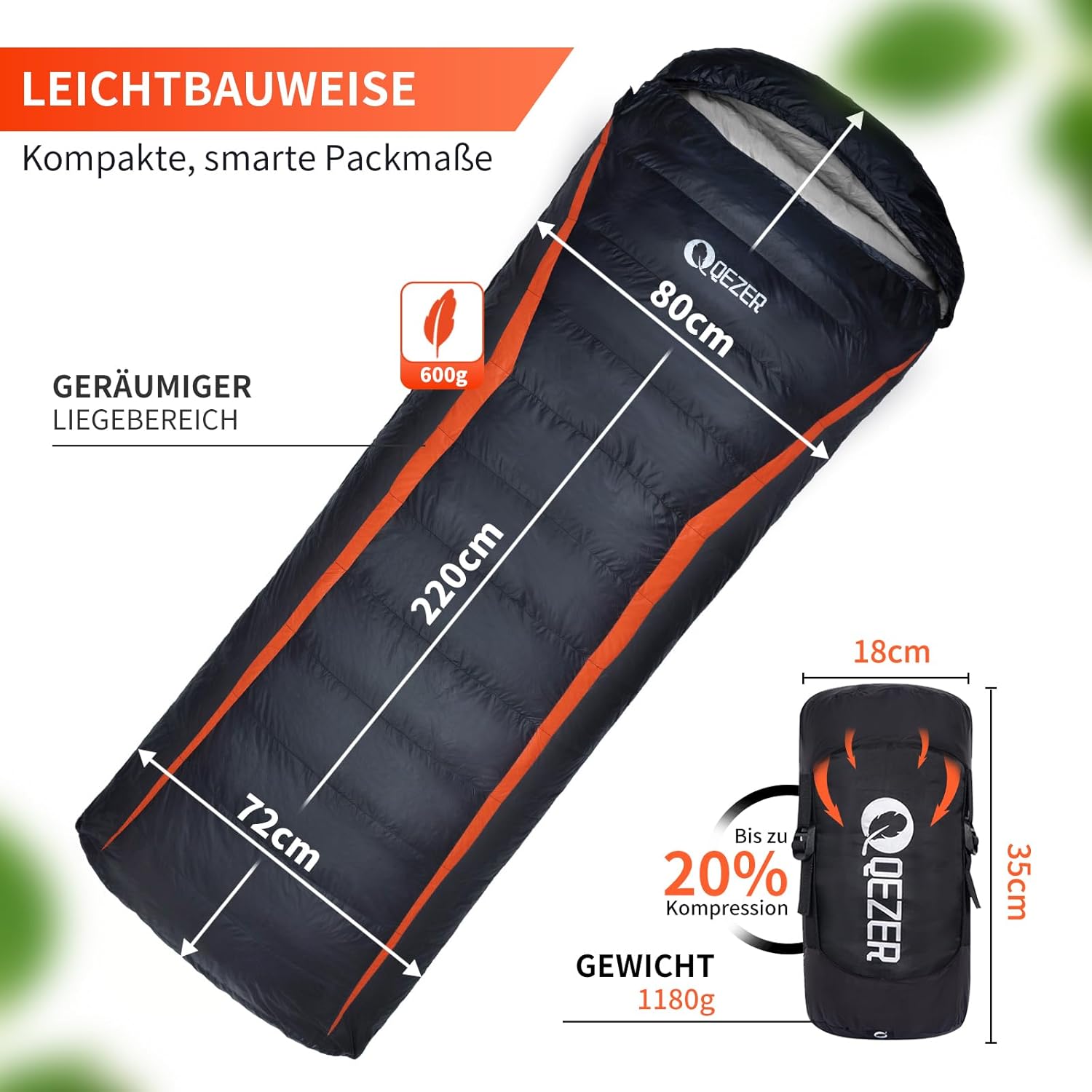 QEZER Saco de Dormir Plumón 220 cm x 80 cm 8 ~ -3 ℃ Saco de Dormir 4 Estaciones Ultraligero Adultos y Niños,Sleeping Bag para Camping y Senderismo