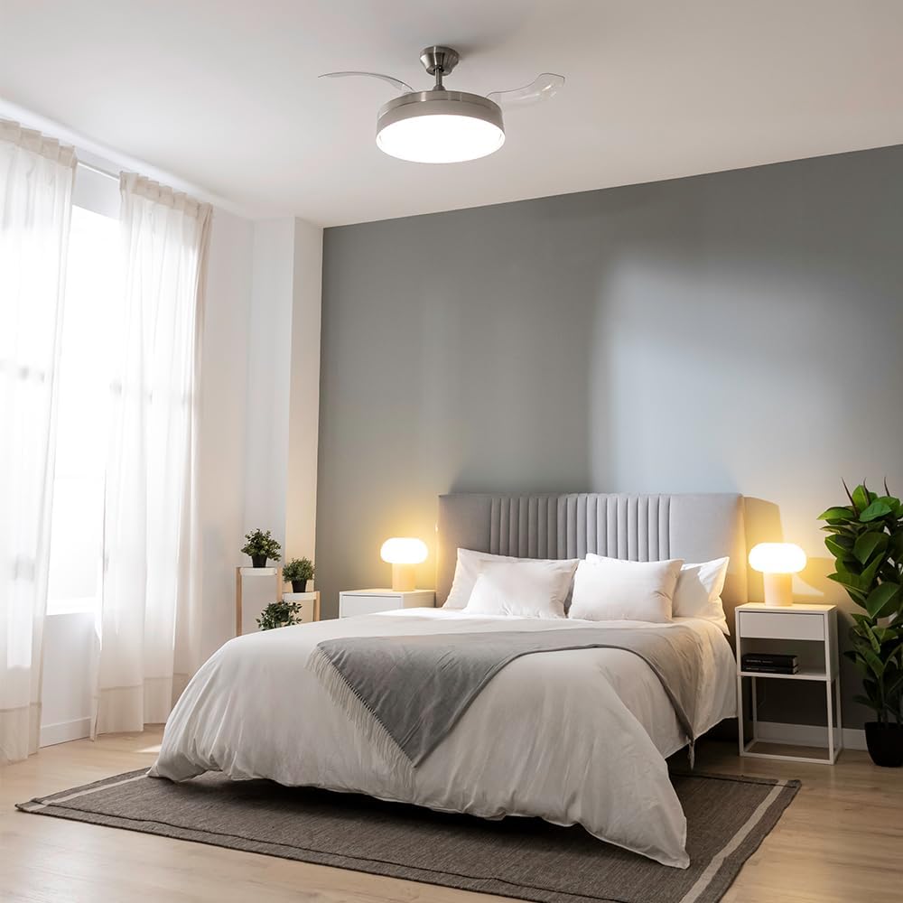 Ventilador de Techo Cecotec con Aspas Retráctiles y Lámpara Invisible EnergySilence Aero 4280 de Acero, 40 W, Diámetro 42 Pulgadas (106 cm), Temporizador, 3 Tonos de Luz, Función Verano-Invierno