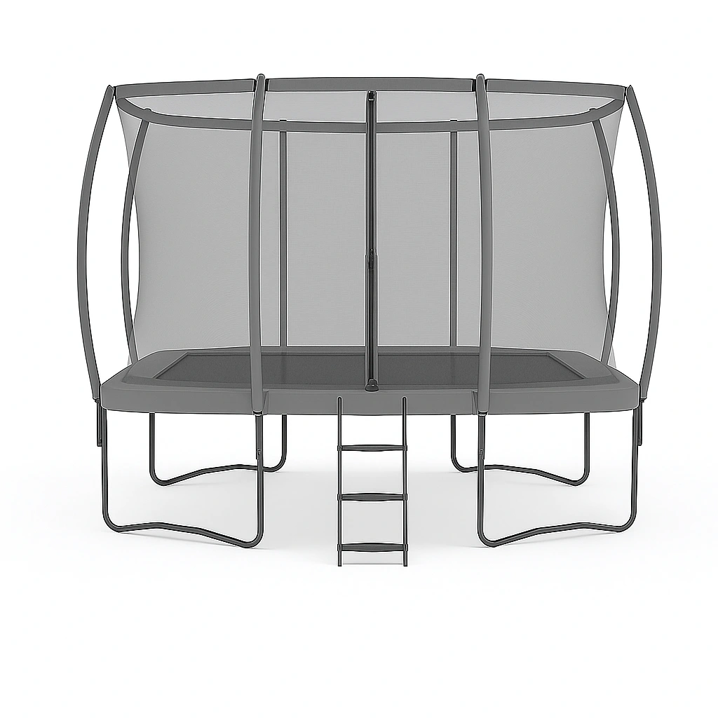 Trampolín rectangular con red de seguridad y escalera gris para jardín 4.5x3x2.5 m