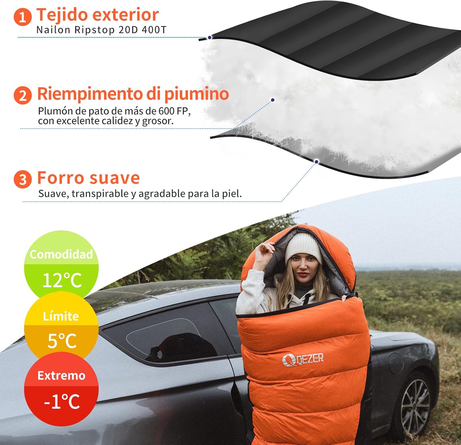 QEZER Saco de Dormir Plumón 220 cm x 80 cm 8 ~ -3 ℃ Saco de Dormir 4 Estaciones Ultraligero Adultos y Niños,Sleeping Bag para Camping y Senderismo