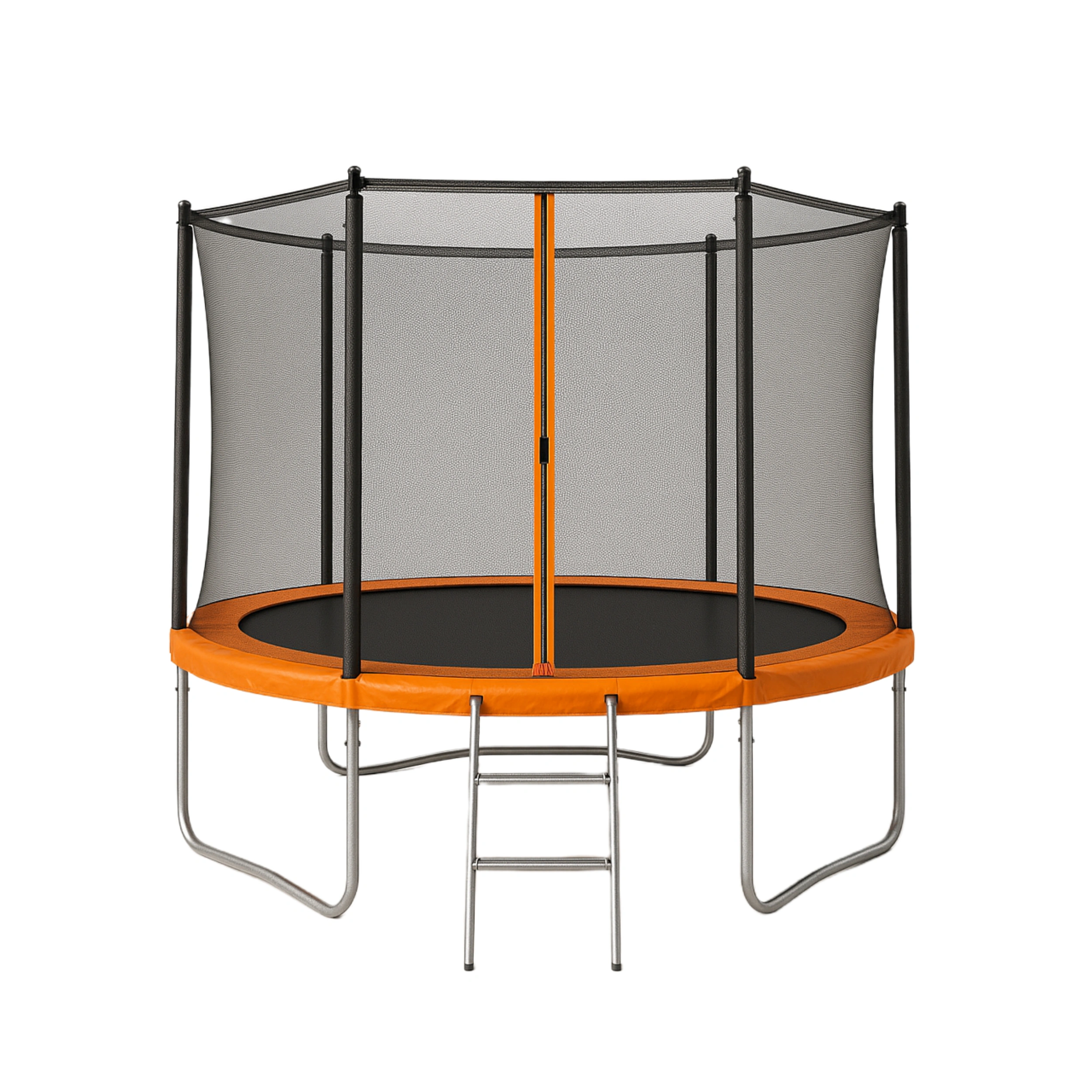 Trampolín redondo con red de seguridad y escalera naranja, estructura metálica 3x3x2.5m
