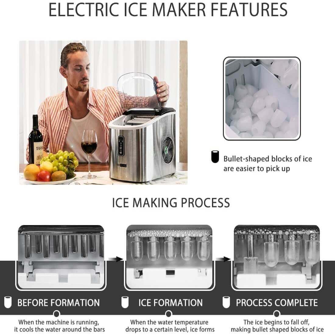 2025 Máquina Automática de Hielo en Forma de Bala de Acero Inoxidable – Producción de 26 lbs/día