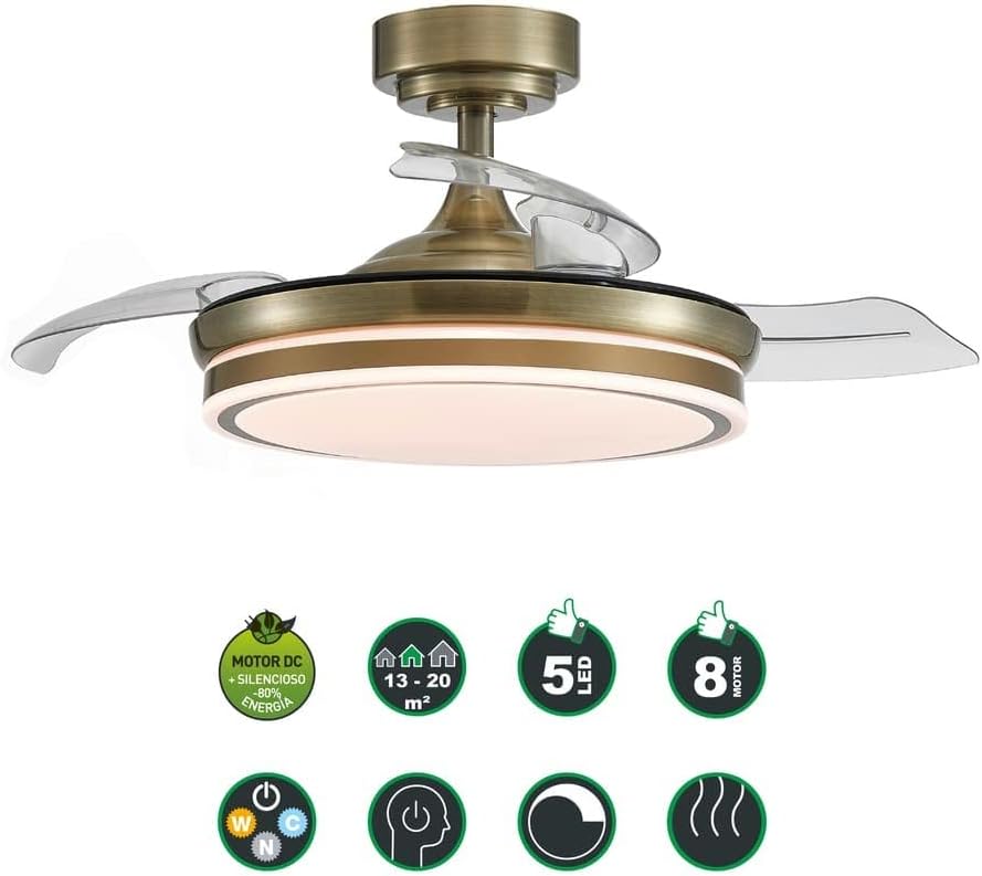 wonderlamp – Ventilador de Techo con Luz LED Pearl Mini, Aspas Retráctiles, Motor DC Muy Silencioso, 3 Temperaturas de Color Regulables, 46W, Blanco