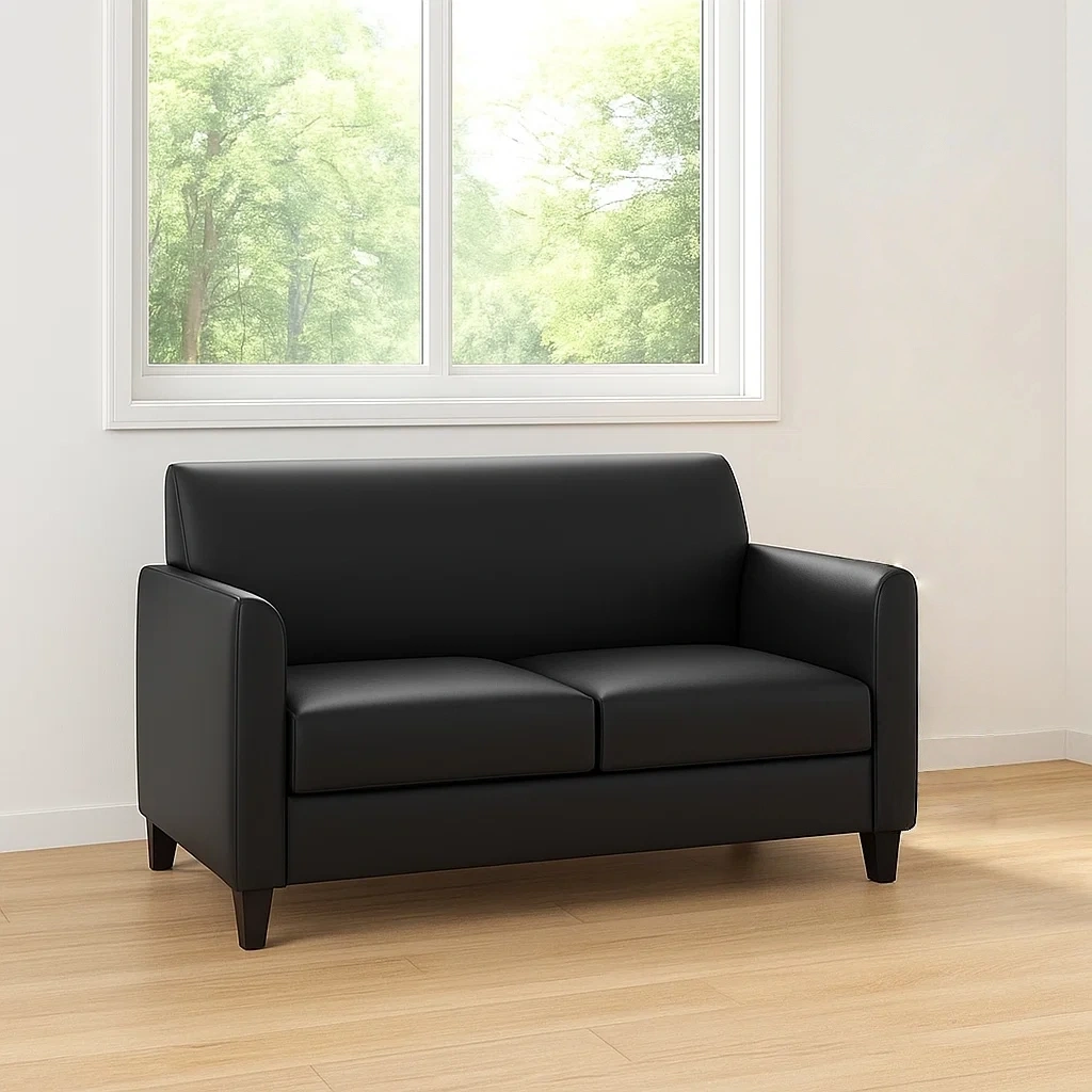 Sofá de 2 plazas,negro,cuero sintético y madera,para salón,132x74x82 cm