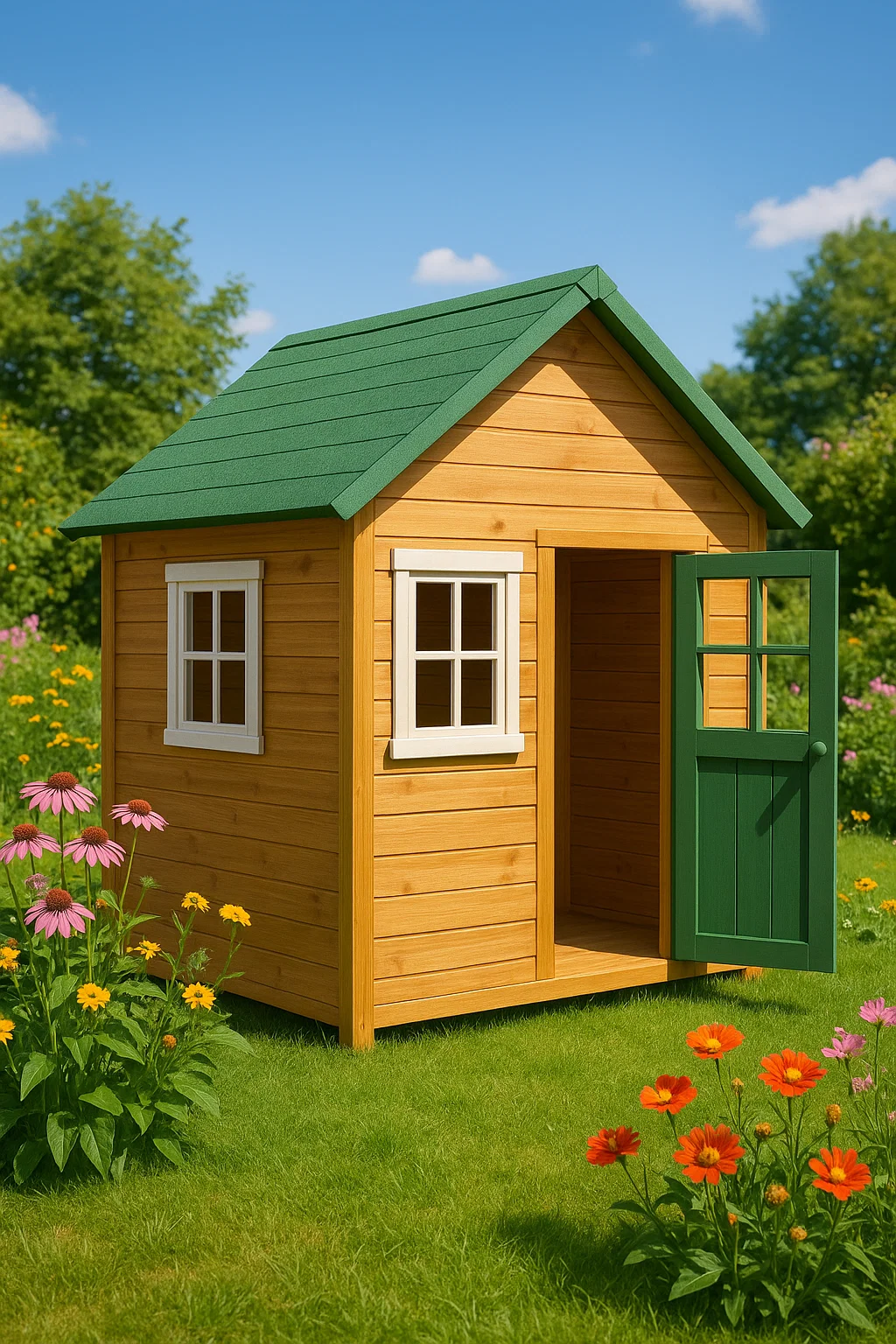 Caseta infantil de madera natural con techo verde para jardín exterior 130x110x150 cm MYFtShO162jq