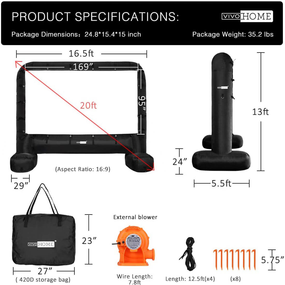 2025 Pantalla Inflable de Cine Gigante de 14-17 Pies para Proyección Frontal y Trasera – Ideal para Exteriores