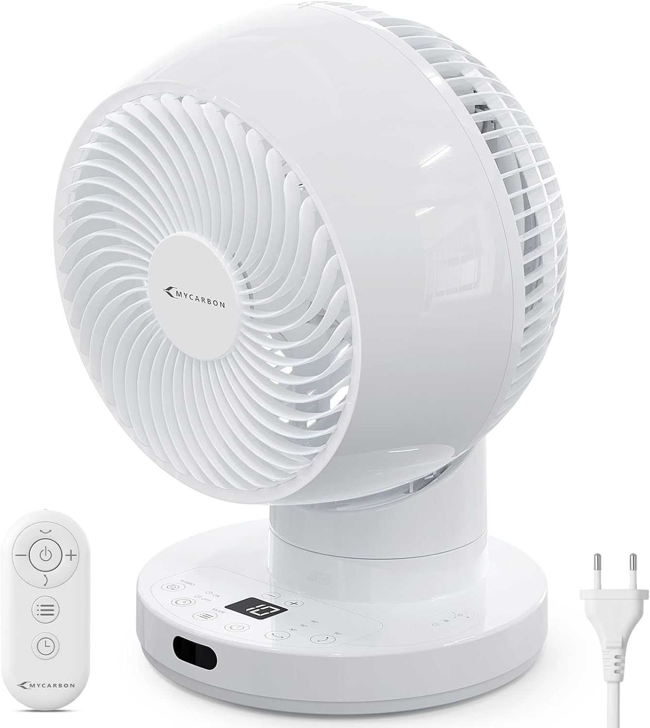 MYCARBON Ventilador de Mesa Turbo Silencioso 20dB, Motor DC Potente, Oscilación de 30°-60°-90°, 11 Velocidades, Temporizador 12h y Encendido Programado, con Control Remoto