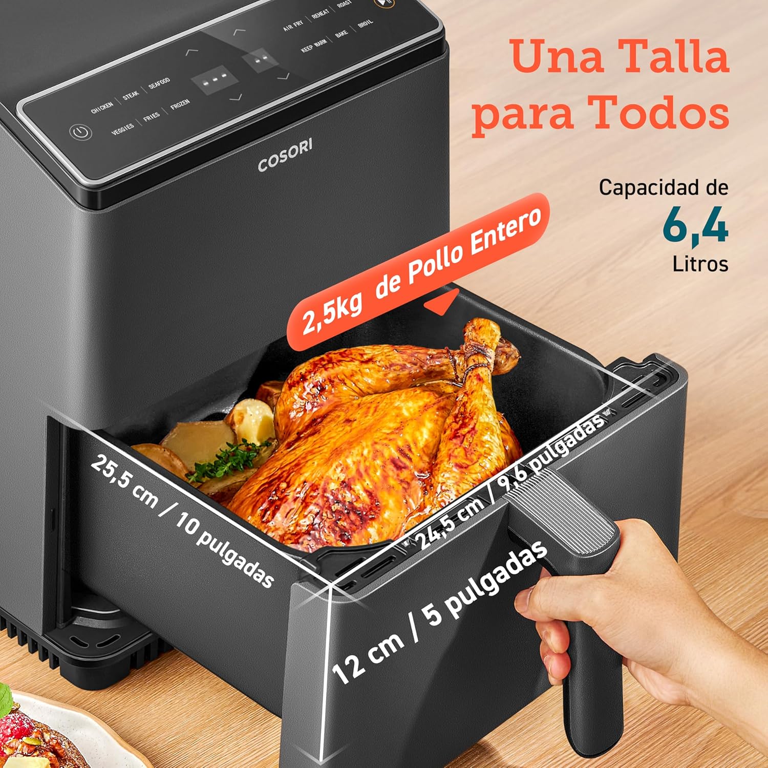 COSORI Freidora Inteligente Sin Aceite 6.4L, Freidora de Aire con Doble Calentamiento, Sin Revolver ni Precalentar, con Recetas en Español y 12 Programas, Gris Oscuro, Modelo CAF-P583S