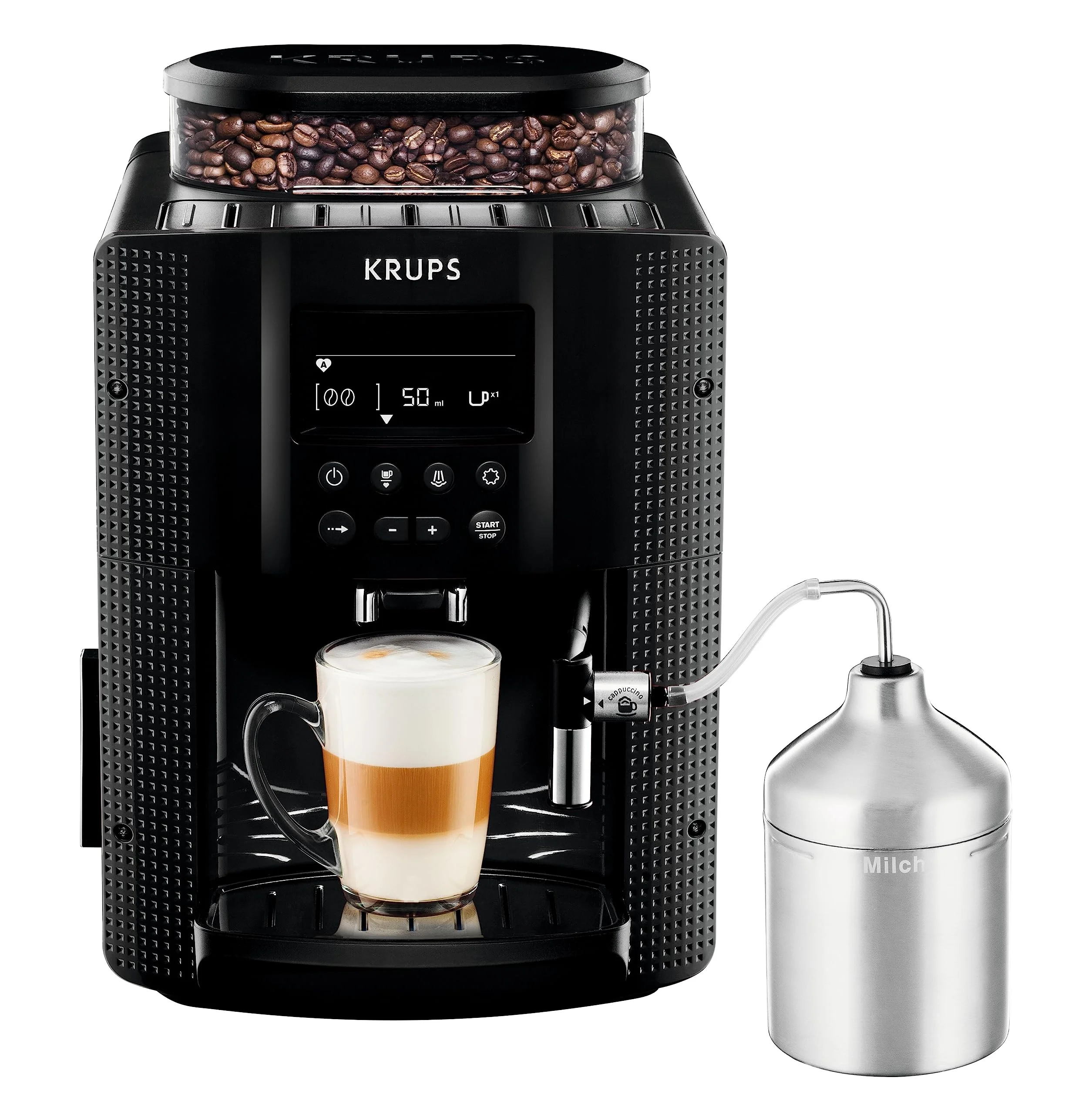 2025 Krups Essential - Cafetera súper automática, 15 Bares de presión, Molinillo cónico de Metal, con selección de cantidad e Intensidad de café, 1.7 l, 1 Cups, Acero, Pantalla LCD + Acc. Leche