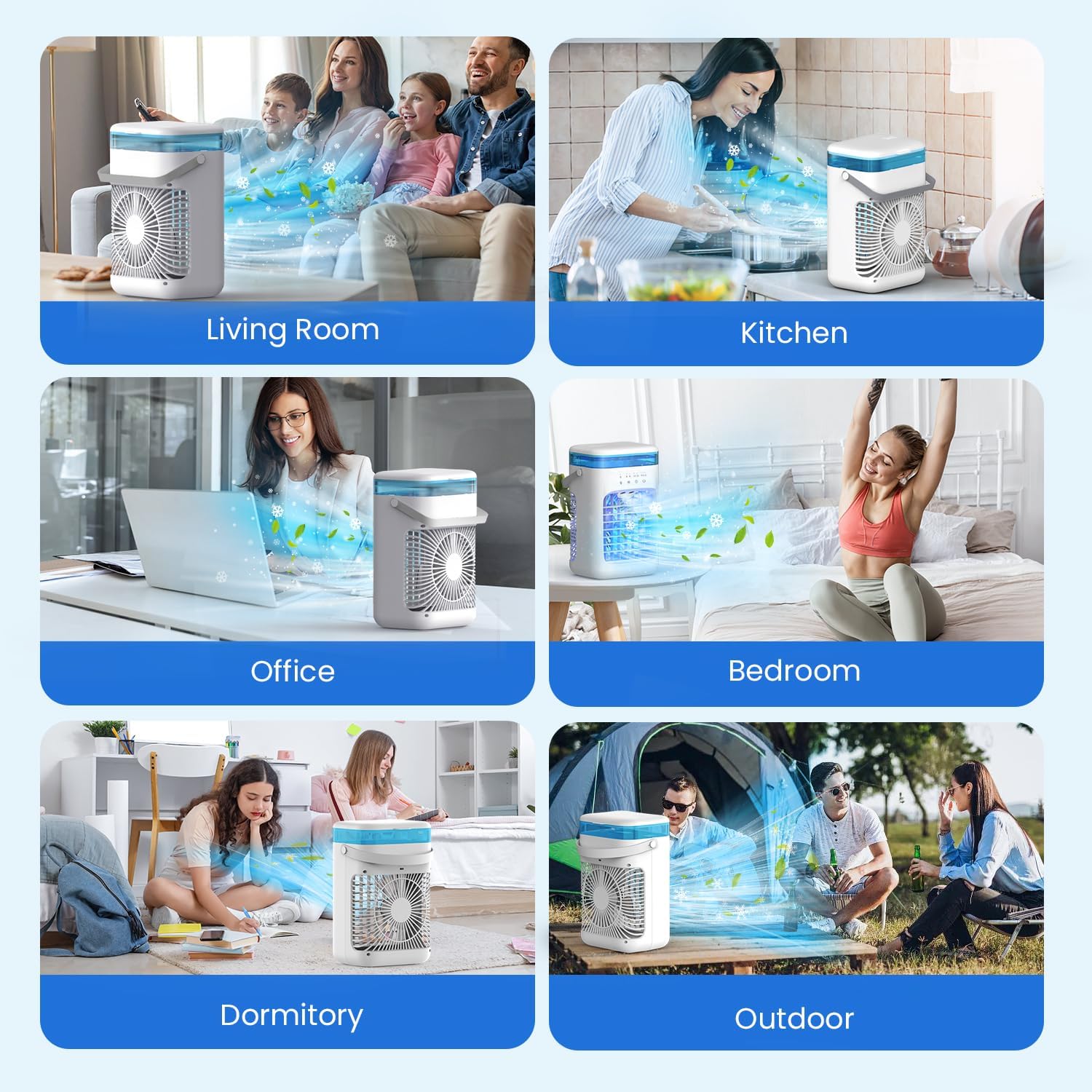 Aire Acondicionado Portátil Mini con Tanque de 1000 ml, Enfriador de Aire 5 en 1 Silencioso, 3 Velocidades / 2 Modos de Pulverización / Humidificación / 7 Luces LED / Temporizador 2-4H, Ventilador para Hogar y Oficina