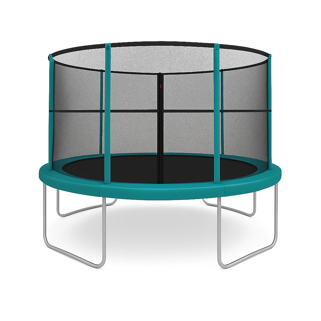 Trampolín redondo con red de seguridad y escalera, verde azulado, material metálico, para exteriores 3x3x2.5m
