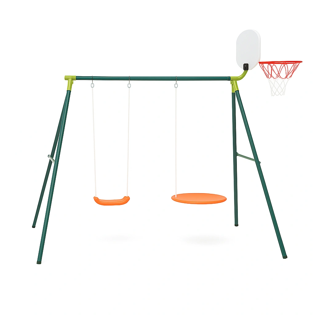 Columpio con Aro de Baloncesto y Dos Asientos Naranja/Verde para Exterior 220x160x210cm