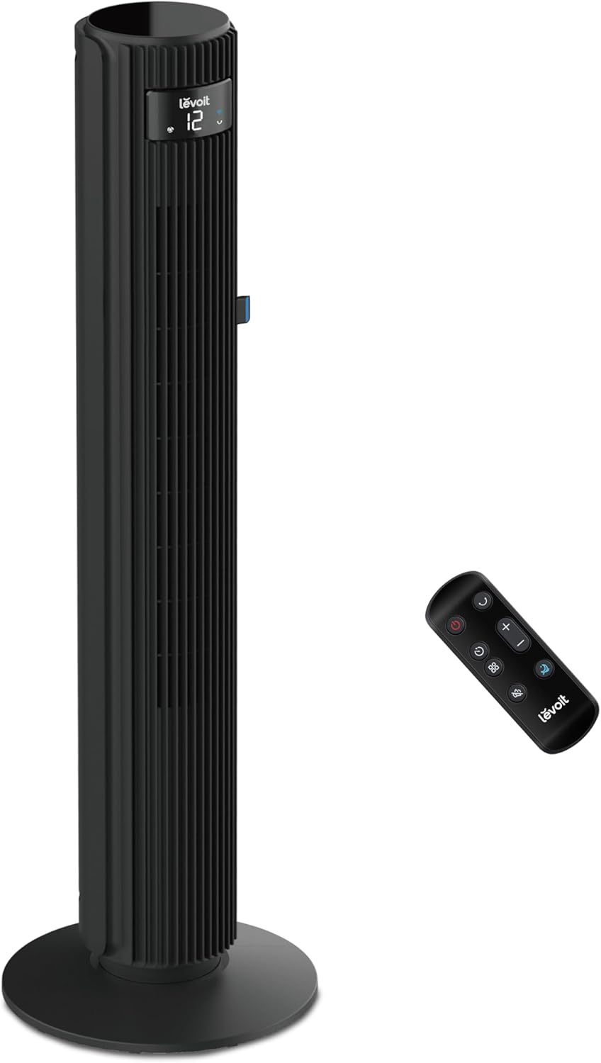 Ventilador de Torre LEVOIT 20dB con Control Remoto, 7.9 m/s con Motor DC, Ventilador Silencioso de 26W con Modo Sueño, 4 Modos y 12 Velocidades, Temporizador de 12H, Pantalla LED, Oscilación de 90°, Blanco