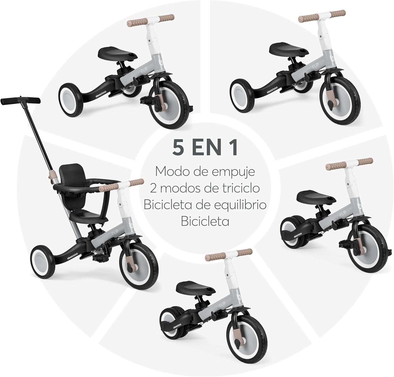 KikkaBoo FLIP, Triciclo Evolutivo 5 en 1 para Bebés, Bicicleta con o sin Pedales, Ajustable y Transformable, Beige, de 1 a 5 Años
