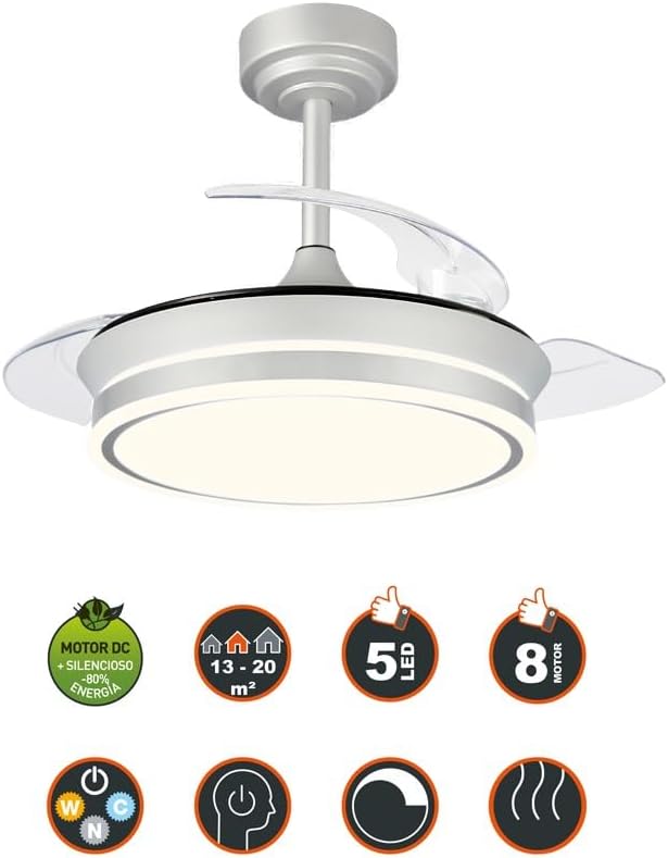 wonderlamp – Ventilador de Techo con Luz LED Pearl Mini, Aspas Retráctiles, Motor DC Muy Silencioso, 3 Temperaturas de Color Regulables, 46W, Blanco