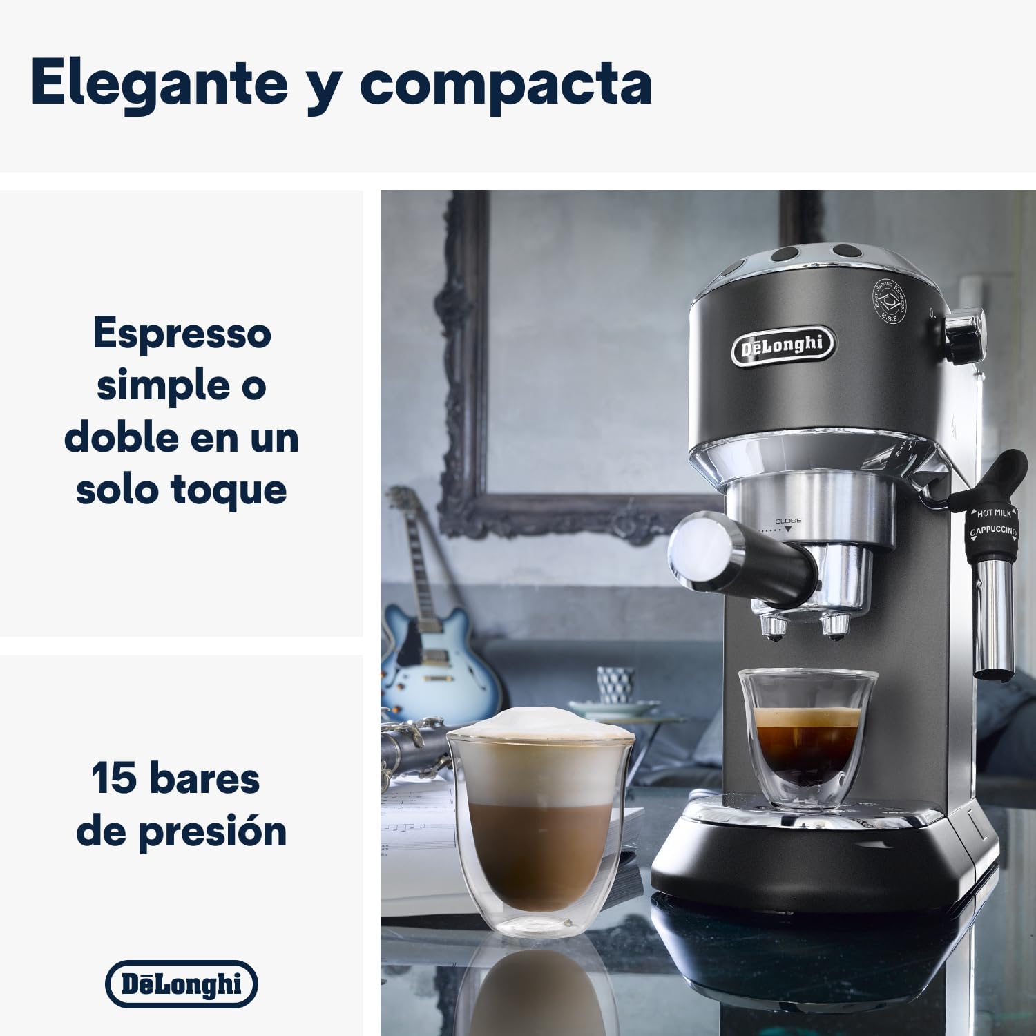 De'Longhi Dedica – Cafetera de Bomba de Acero Inoxidable para Café Molido o Monodosis, Espresso y Capuchino, Depósito de 1.3 Litros, Sistema Antigoteo, Modelo EC685.M, Color Metal