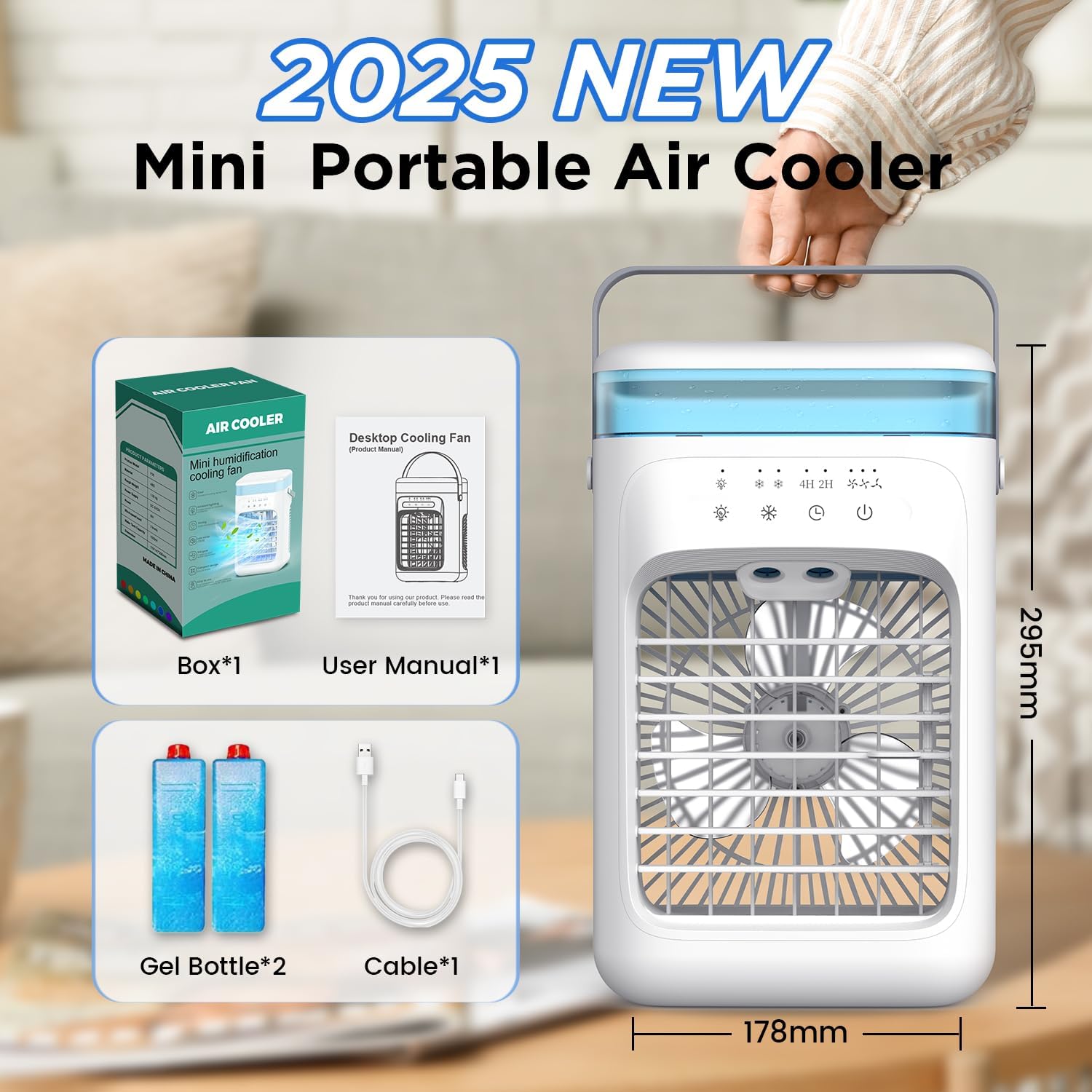 Aire Acondicionado Portátil Mini con Tanque de 1000 ml, Enfriador de Aire 5 en 1 Silencioso, 3 Velocidades / 2 Modos de Pulverización / Humidificación / 7 Luces LED / Temporizador 2-4H, Ventilador para Hogar y Oficina