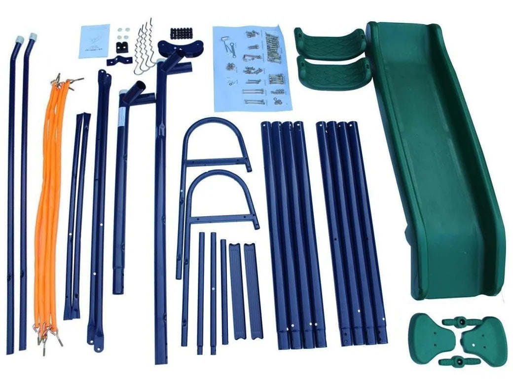 2025 Set de columpios con estructura metálica en A, resbaladilla y columpios curvados en forma de U para jardín, azul/verde/naranja