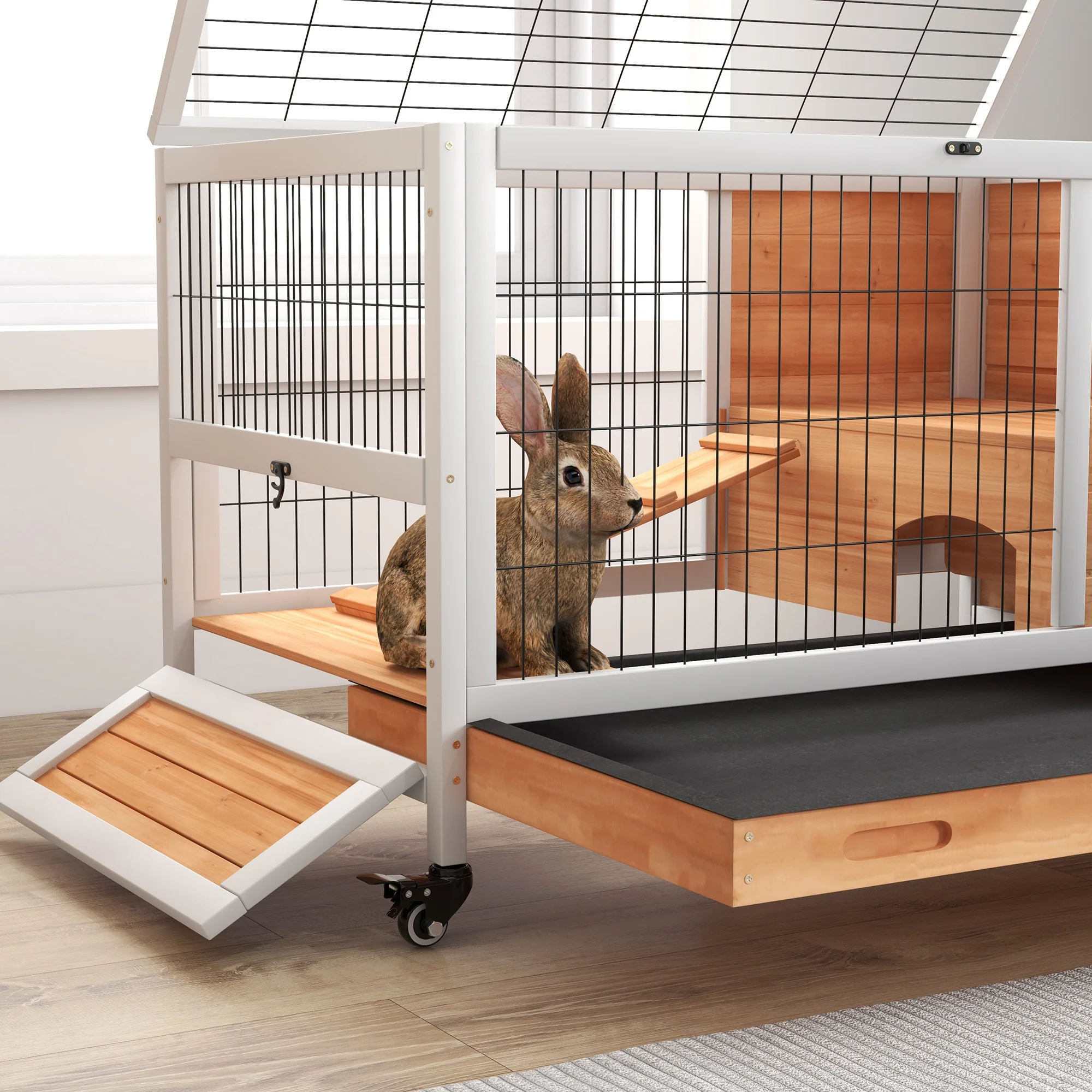 2025 Recinto para conejos PawHut de madera para interiores, diseño de 2 niveles con ruedas, amarillo