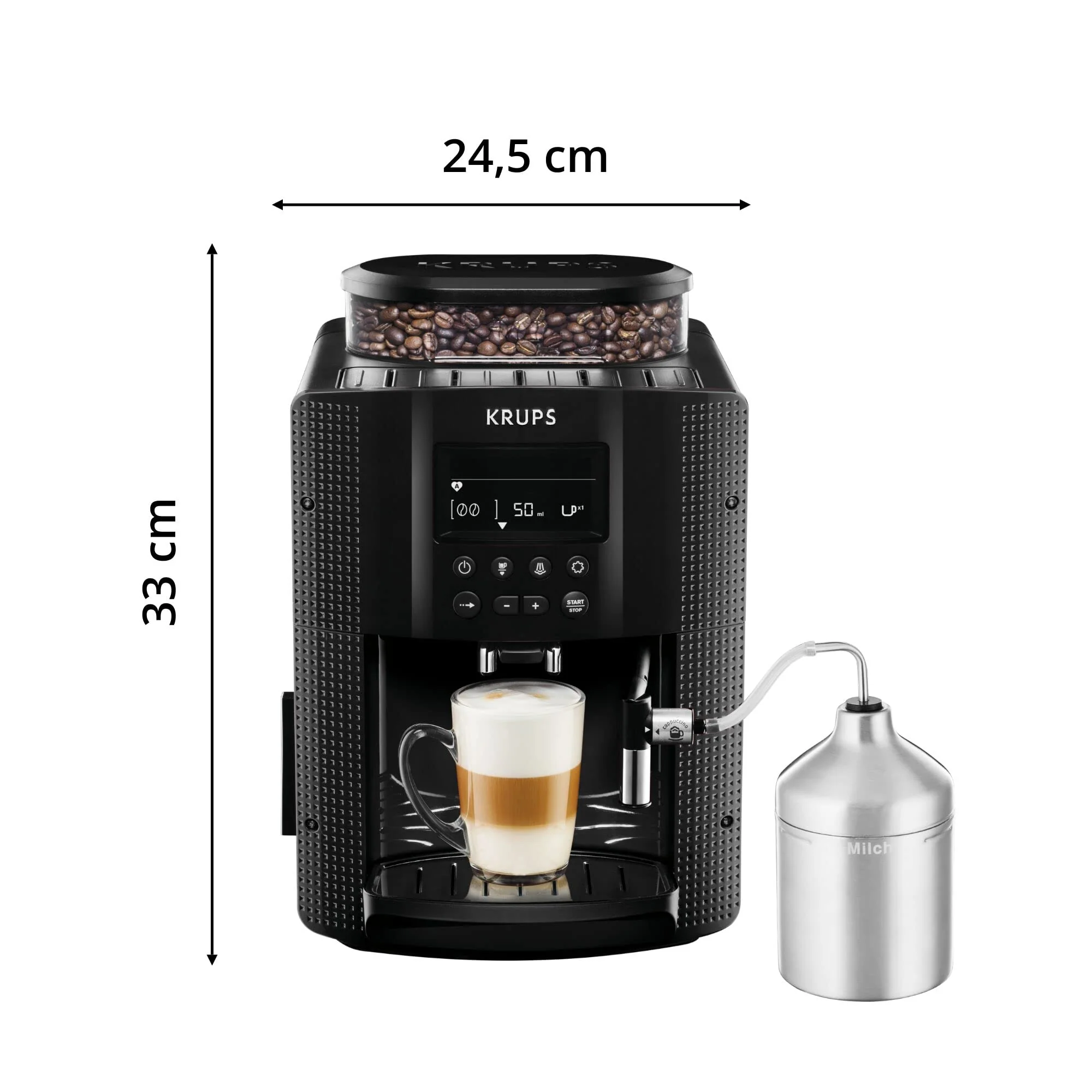 2025 Krups Essential - Cafetera súper automática, 15 Bares de presión, Molinillo cónico de Metal, con selección de cantidad e Intensidad de café, 1.7 l, 1 Cups, Acero, Pantalla LCD + Acc. Leche