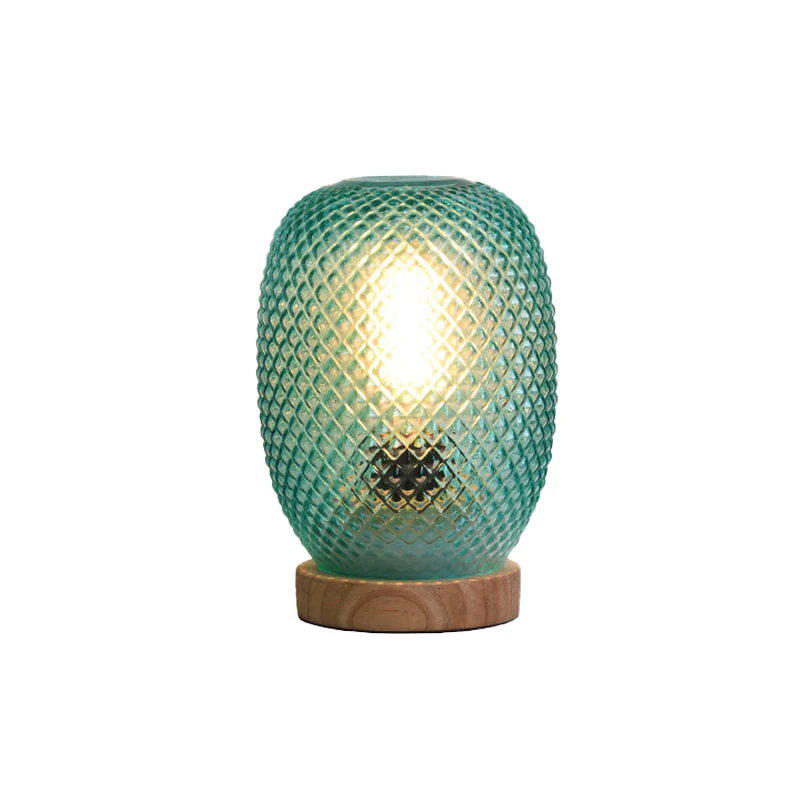 Moderne Nachttischlampe aus Glas mit Holzsockel und Ananas-Design für stilvolle Beleuchtung