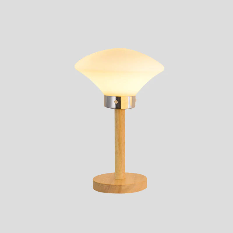 Moderne Nachttischlampe aus Holz mit satiniertem Glas und elegantem Design