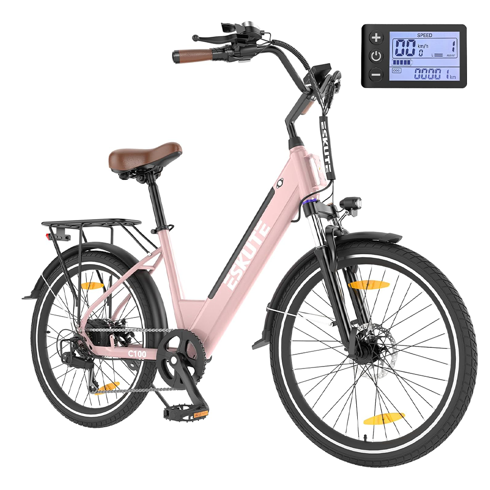 ESKUTE Electric Bike 500W Peak 375WH Removable Battery Commuter Ebike, 26 inch 20MPH 7 Speed Electric Ebikes for Adults