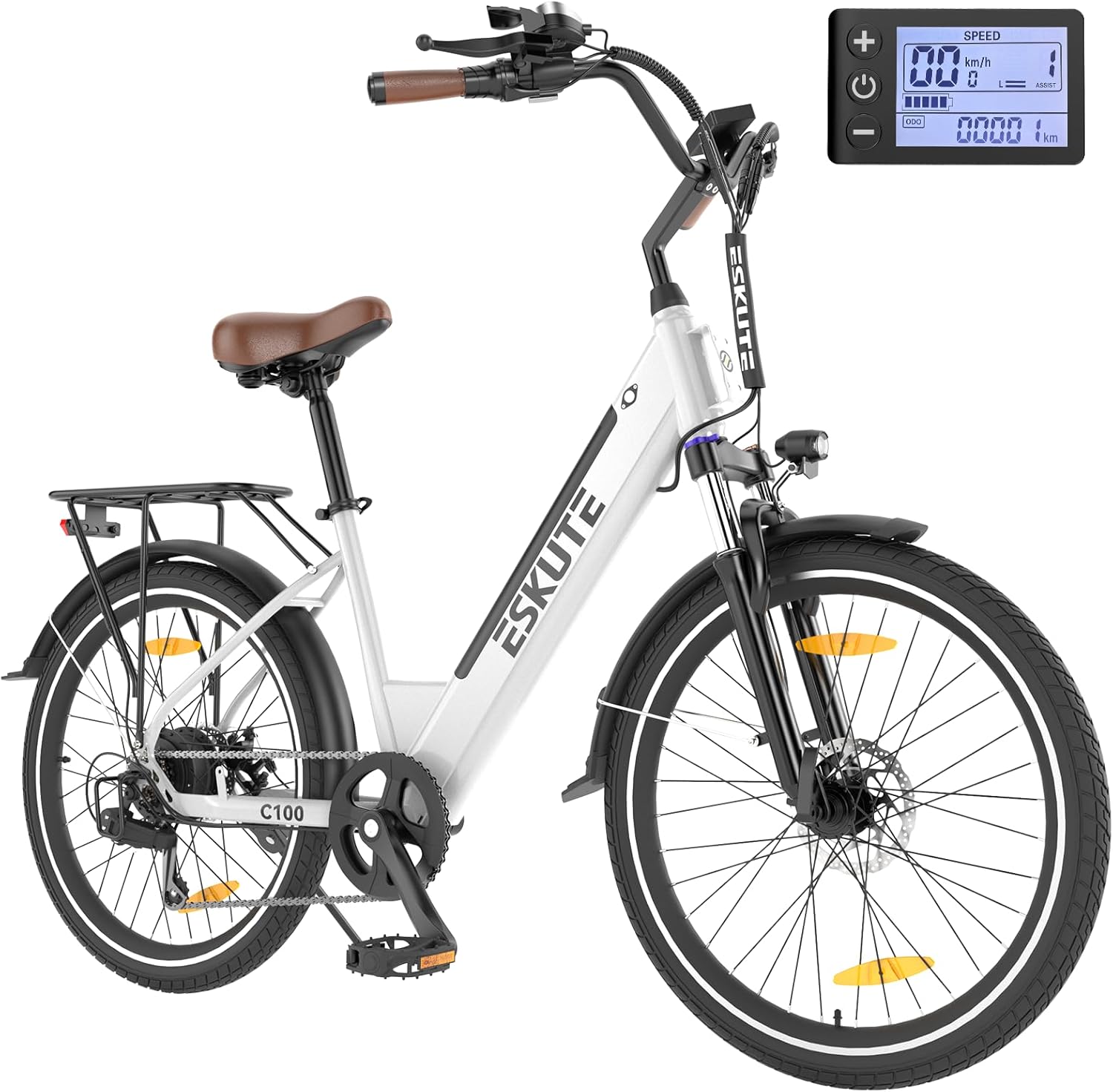ESKUTE Electric Bike 500W Peak 375WH Removable Battery Commuter Ebike, 26 inch 20MPH 7 Speed Electric Ebikes for Adults