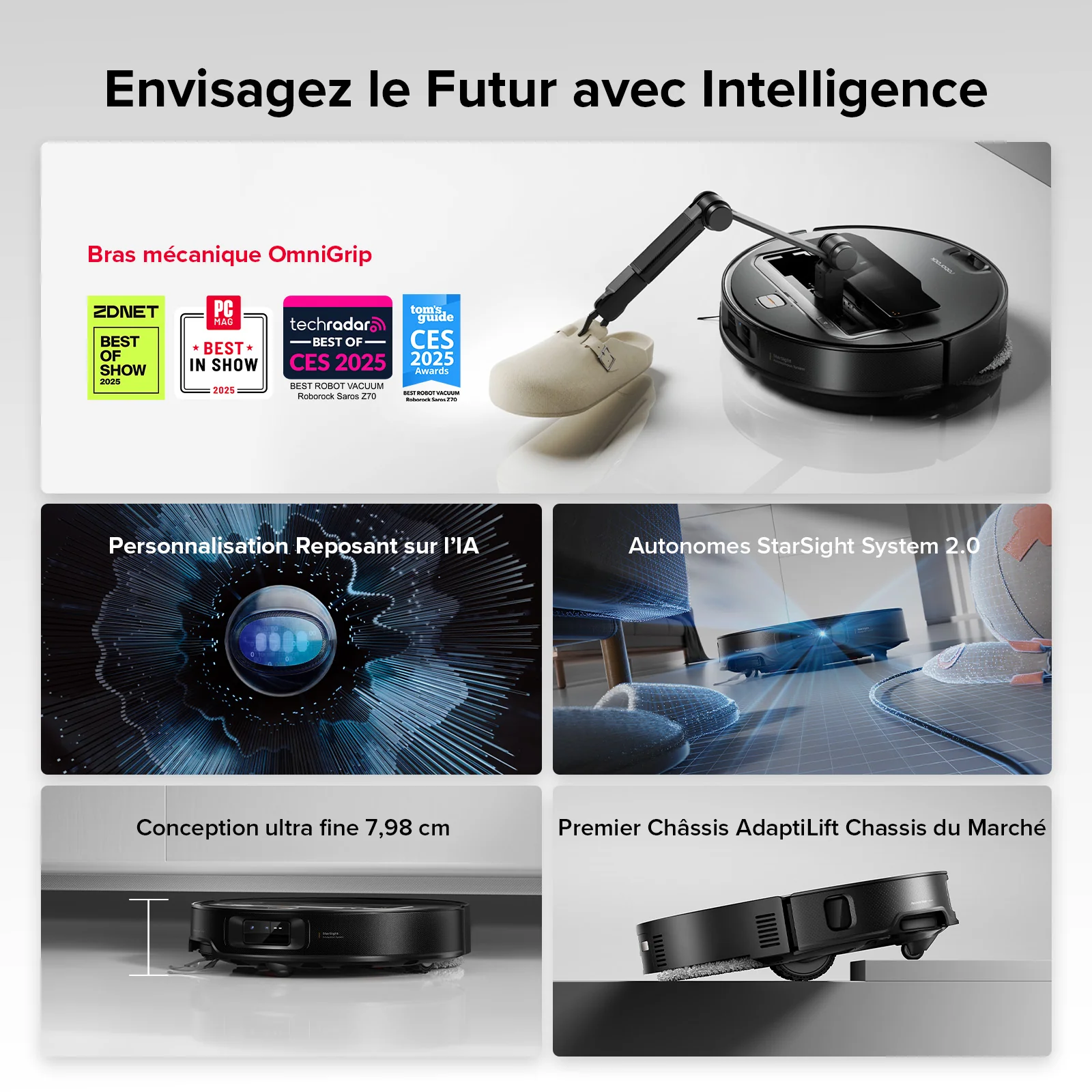 Roborock Saros Z70 robot aspirateur laveur avec bras mécanique OmniGrip™