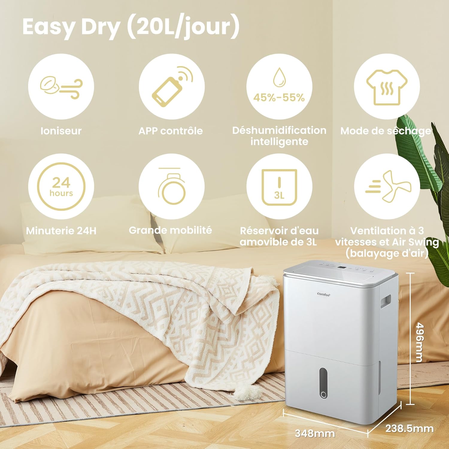 COMFEE’ Easy Dry 20 | Déshumidificateur Connecté 20L avec Ioniseur