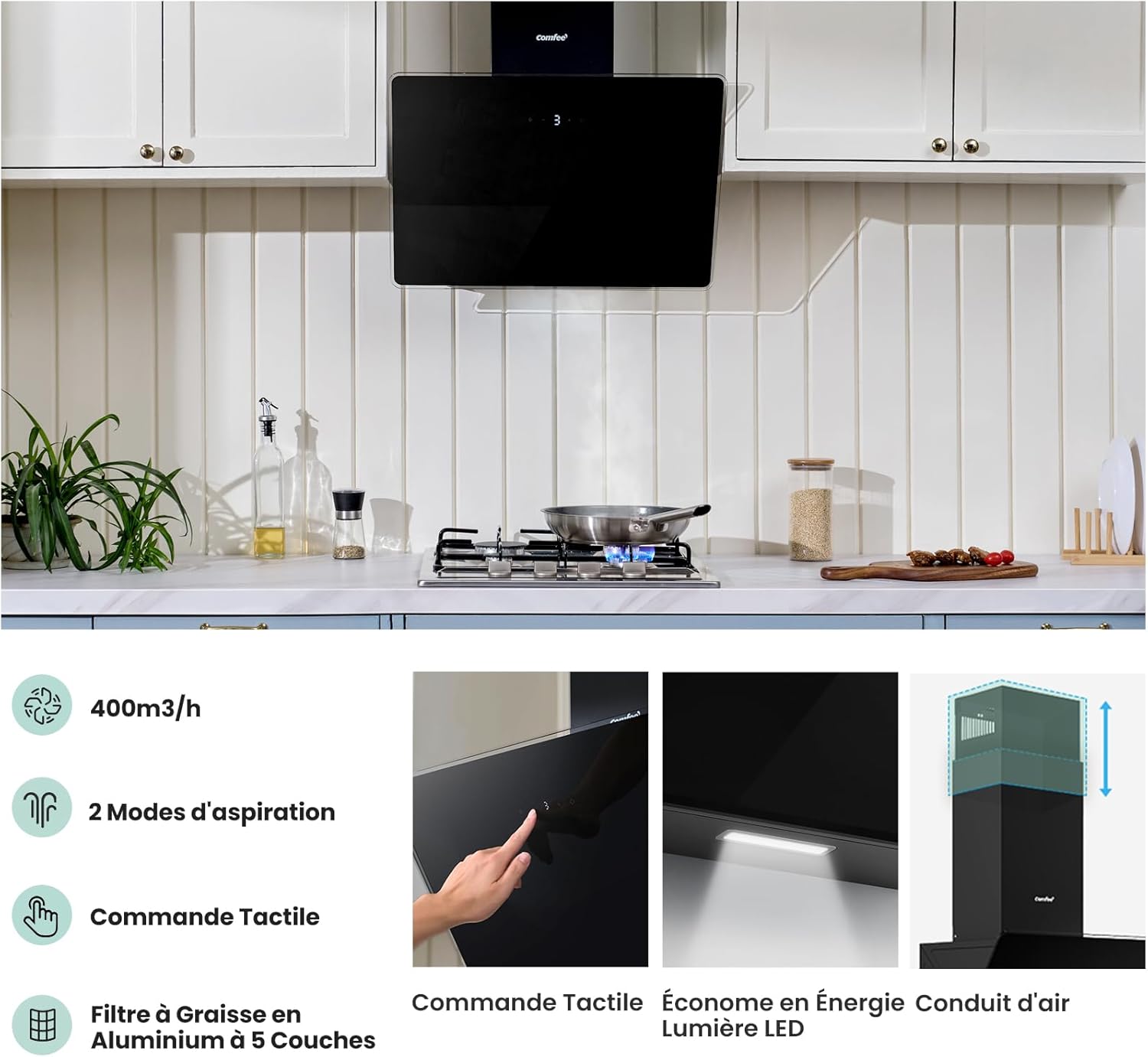 COMFEE’ ANGJ64B-60 | Hotte Aspirante Inclinée 60cm en Verre