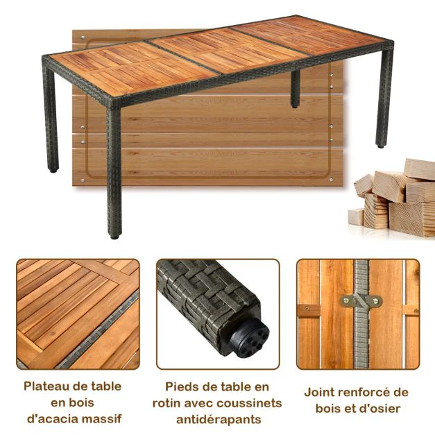 Salon de jardin avec 1 table et 8 chaises en bois et rotin anti-uv pieds réglables et coussins imperméables inclus 20_0009211
