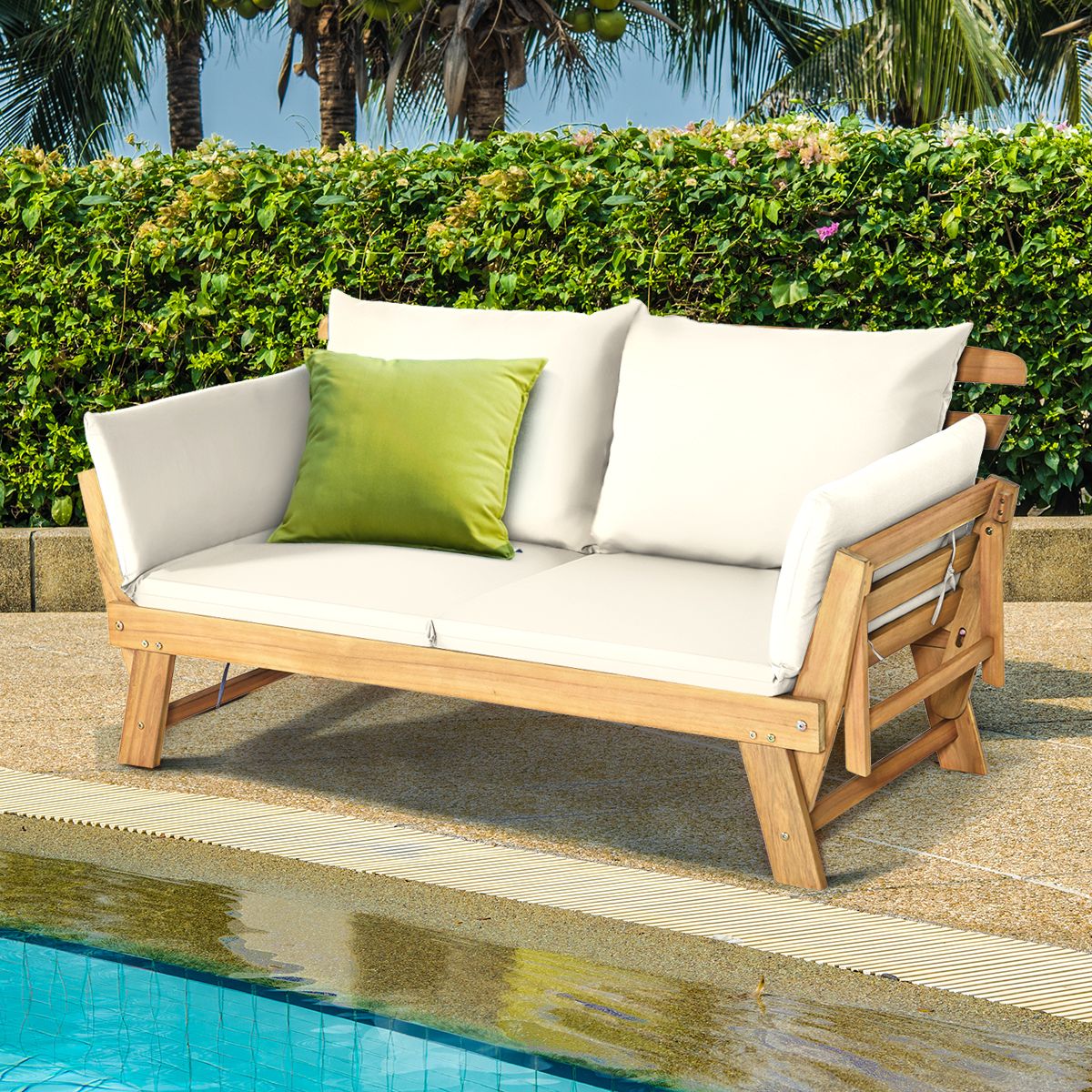 Chaise Longue Convertible avec Coussin Canapé de Jardin 2 en 1 en Bois d’Acacia avec Accoudoir Réglable pour Patio Piscine Jardin Blanc/Gris/Bleu/Rouge