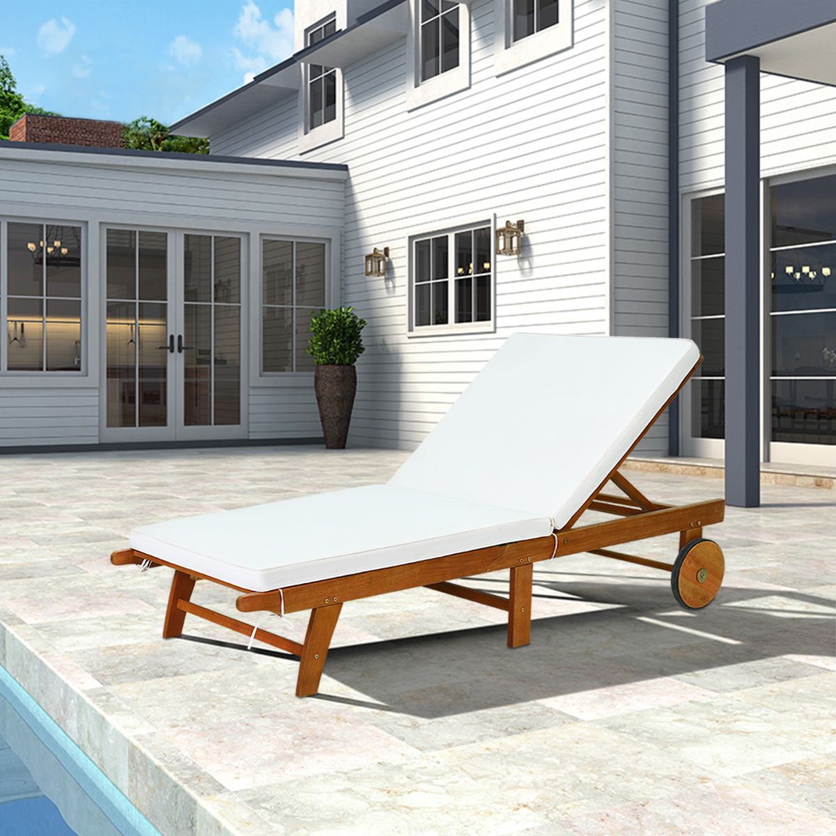 Chaise Longue Pliable en Bois avec 2 Roues et un Coussin Amovible Dossier Réglable Capacité Portante 160KG Idéal pour L’extérieur