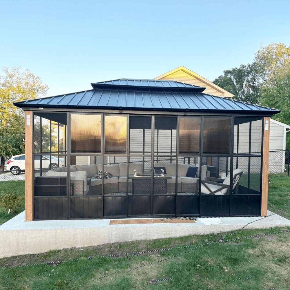 12ft x 16ft Sunroom Hardtop Gazebo with Double Roof, Galvanized Steel Frame, Aluminum PC Mesh Screen for Backyard