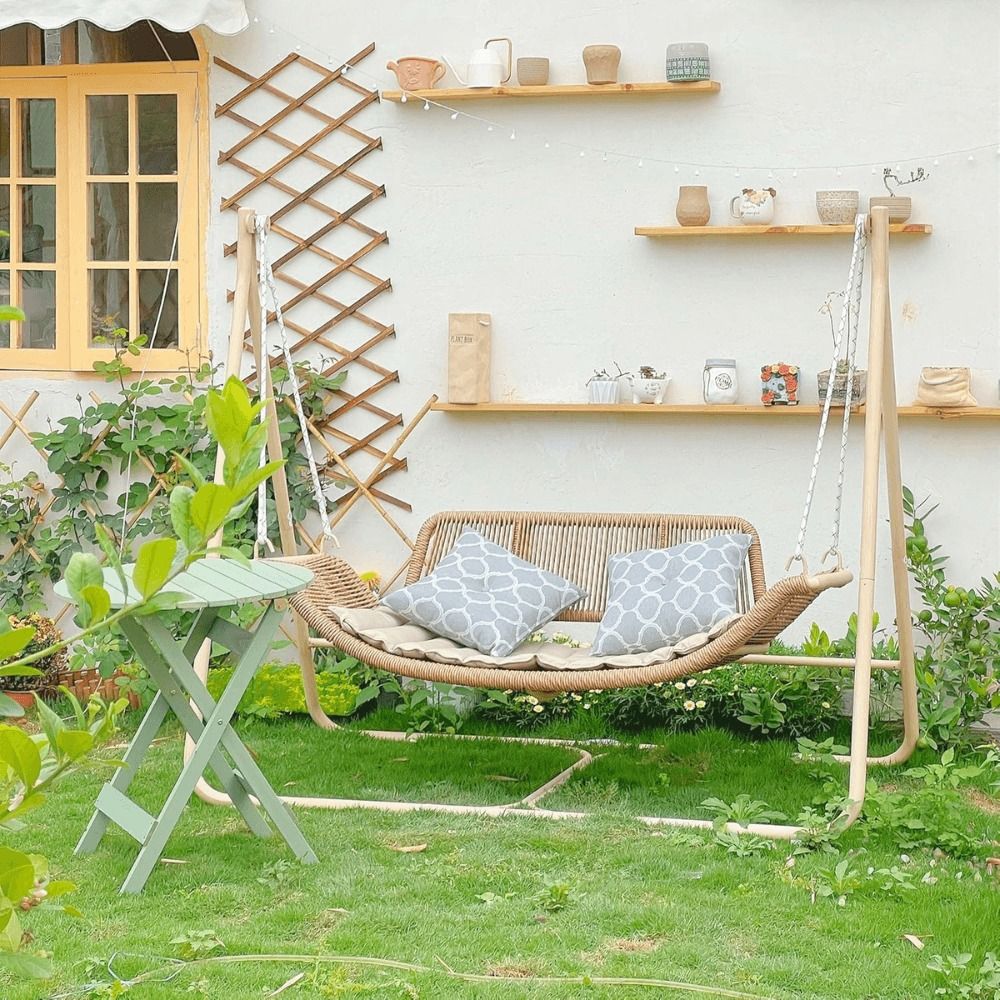 2-Seat Cloud Swing Chair with Cushions and Pillows – Khaki Frame with Purple Leaf Cushions