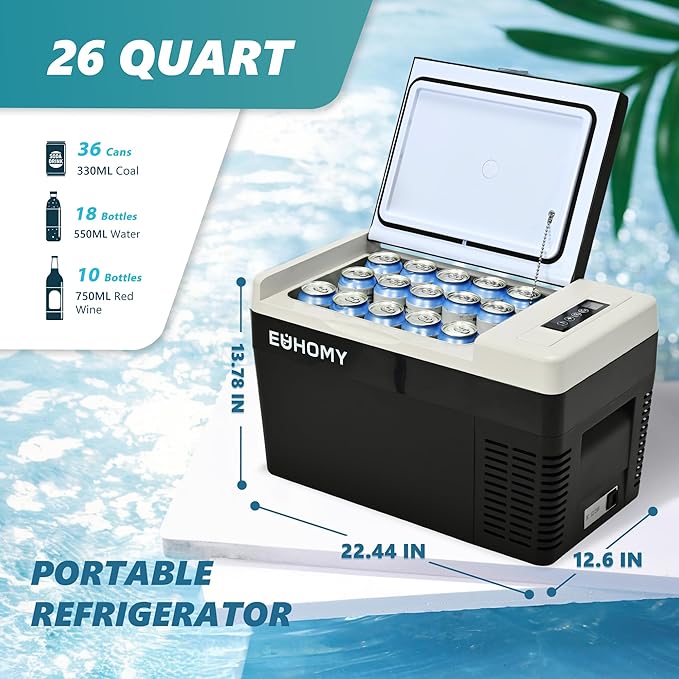 EUHOMY 12V Portable Car Refrigerator, 25L with APP Control, Black & Gray �C Quiet, Compact, Travel-Ready