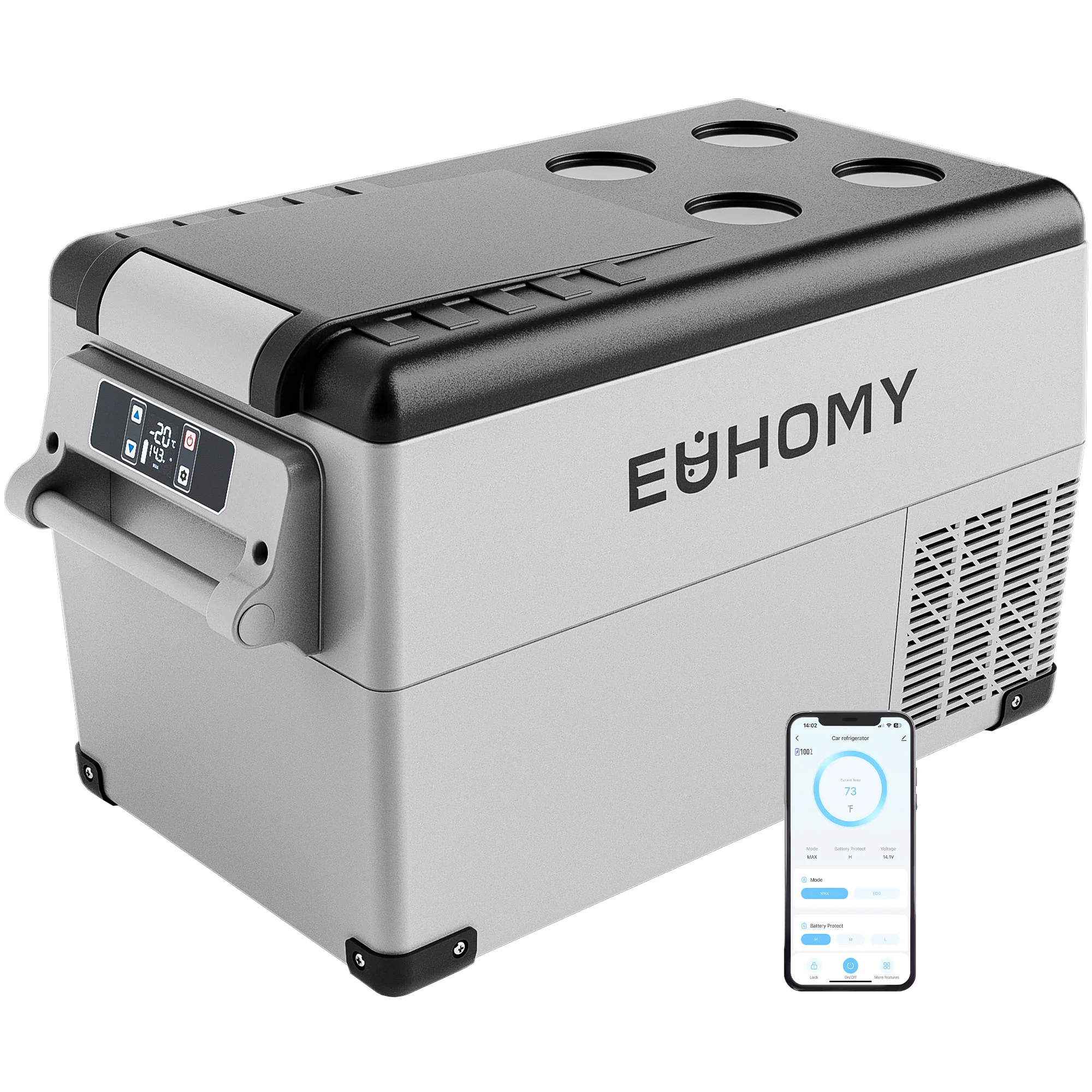 Euhomy 12 Volt Portable Refrigerator �C 38 Quart, Dual Storage Area, App Control, Frost Free, Gray