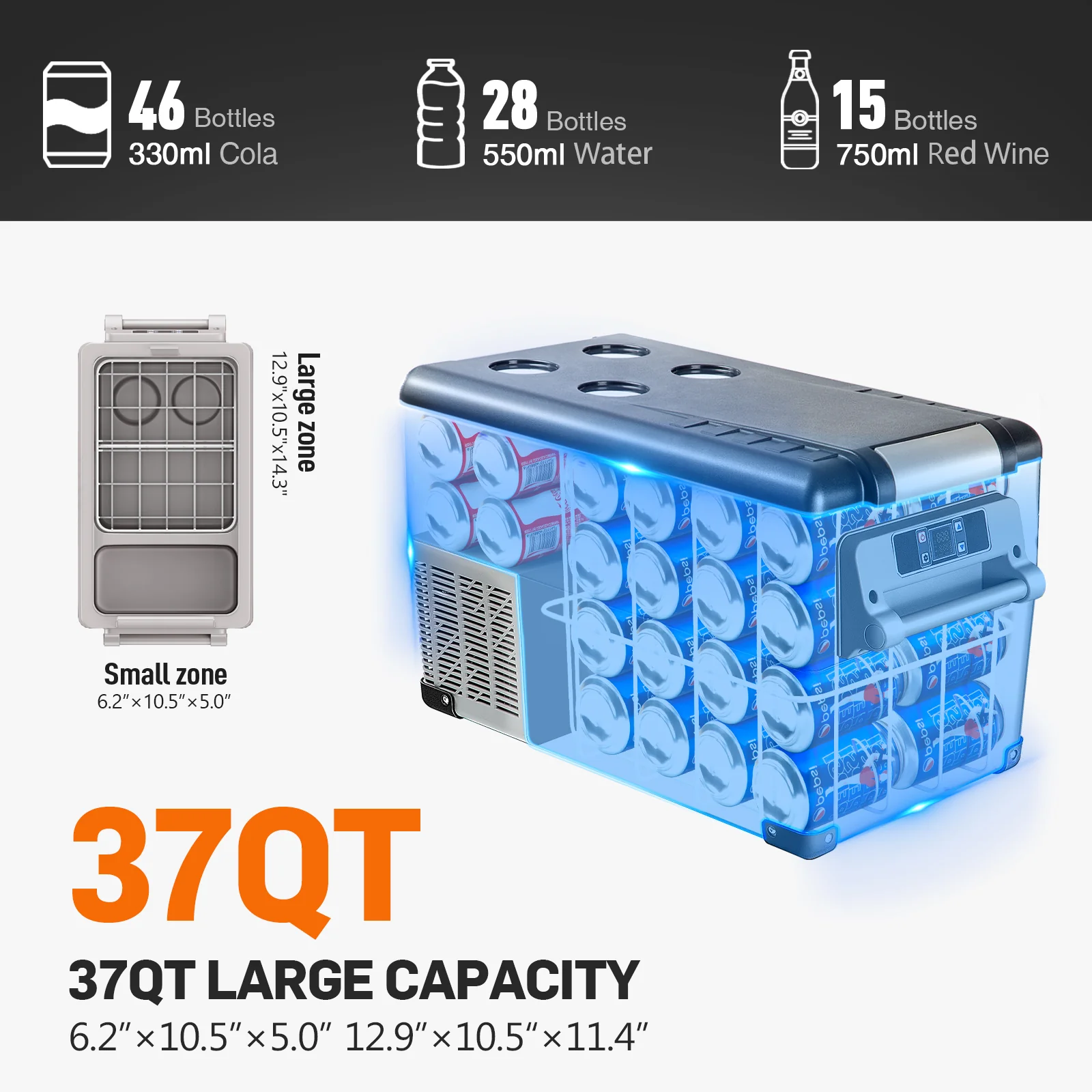 Euhomy 12 Volt Portable Refrigerator �C 38 Quart, Dual Storage Area, App Control, Frost Free, Gray