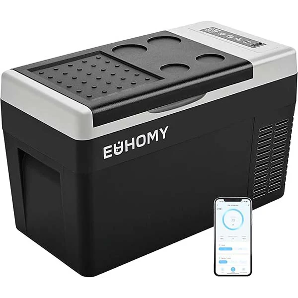 EUHOMY 12V Portable Car Refrigerator, 25L with APP Control, Black & Gray �C Quiet, Compact, Travel-Ready