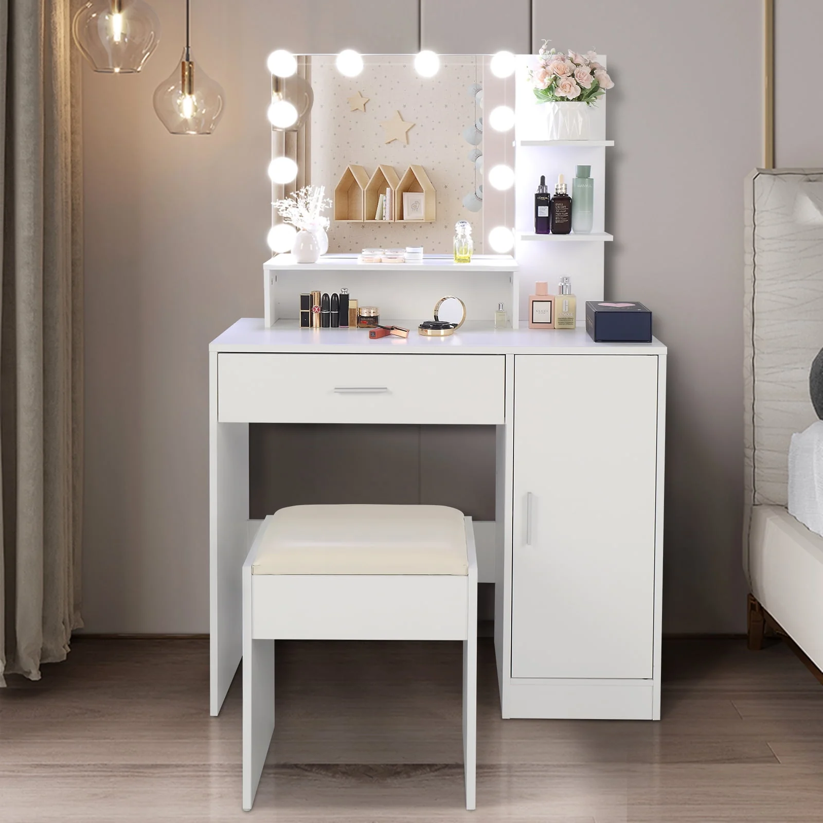 Vanity Set with Lighted Mirror, 10 LED Bulbs Vanity Dressing Table with 3 Storage Shelves 1 Drawer 1 Cabinet, Makeup Table with Cushioned Stool, White