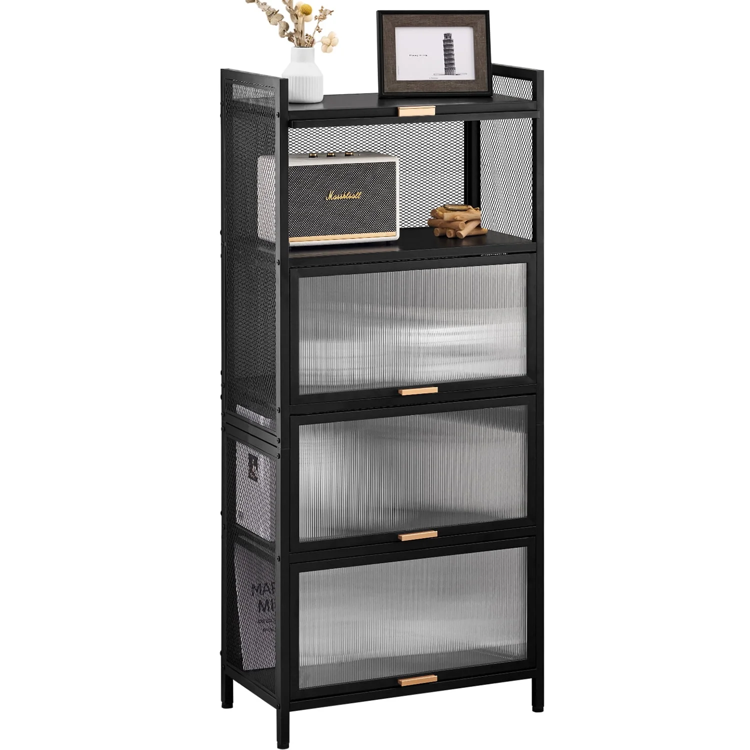 5-Tier Storage Shelf, Kitchen Storage Cabinet with Flip-up PC Doors, Mobile Microwave Stand, Freestanding Kitchen Bakers Rack with 4 Rolling Casters, 23.62