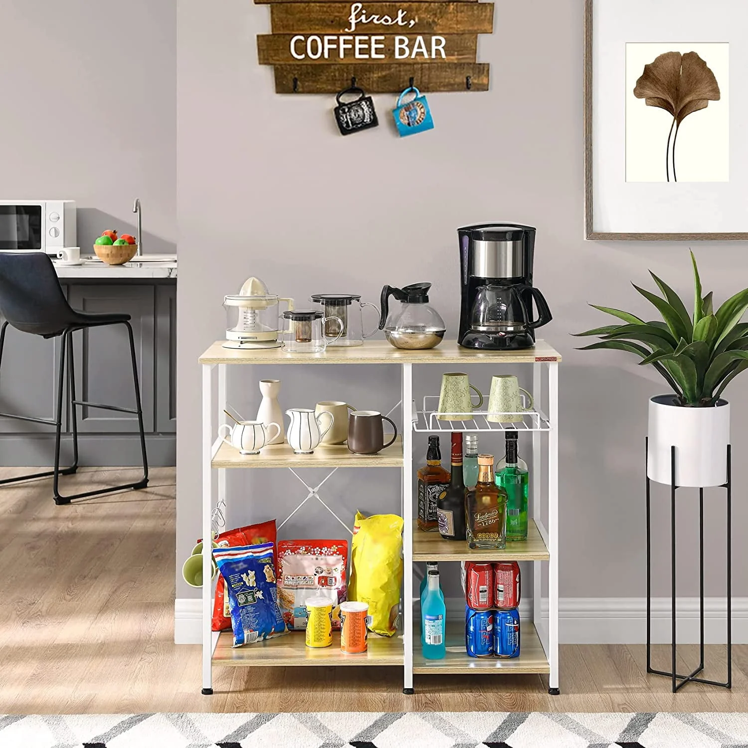 Kitchen Bakers Rack, Utility Storage Shelf, Microwave Oven Stand Shelf with Hooks, 3-Tier+3-Tier Table for Kitchen Organizer, Beige