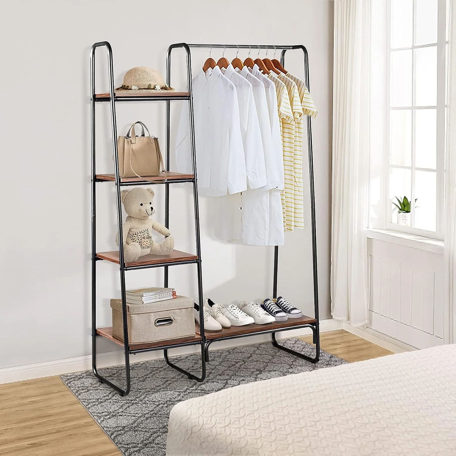 Clothing Rack Garment Rack with Shelves Wardrobe Rack Freestanding Closet Racks with Metal Hanger Rod and 4-Tier Wood Shelves Heavy Duty Clothes Rack for Bedroom Living Room Entryway, Brown