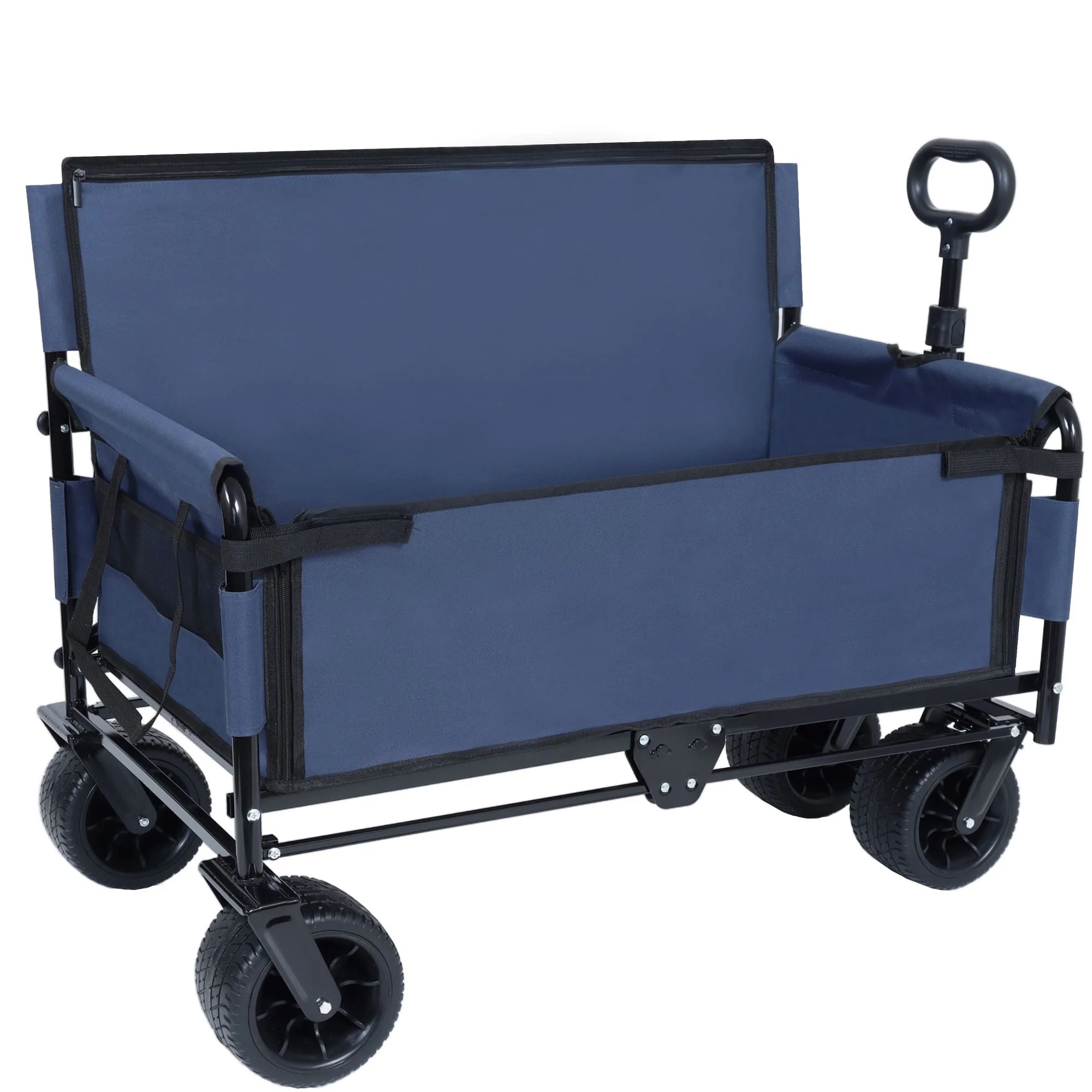3-in-1 Convertible Folding Wagon Cart with Bench Seat, 500lbs Heavy Duty Utility Wagon with Adjustable Handle, 180L Capacity All-Terrain Wheels for Camping, Beach, Garden, Dark Blue