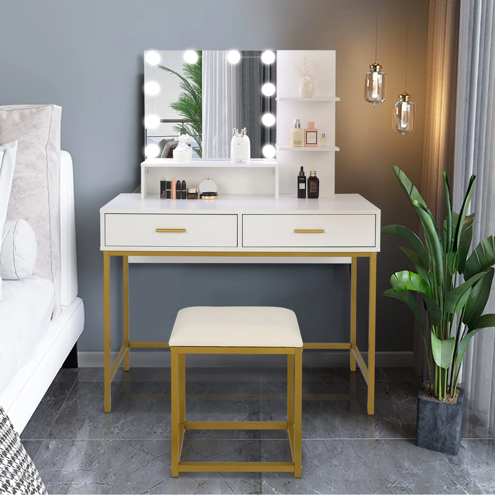 Vanity Desk with Lights, Makeup Table with Cushioned Stool, 3 Storage Shelves 2 Drawers, Dressing Table Dresser Desk for Women, Girls, Bedroom, White